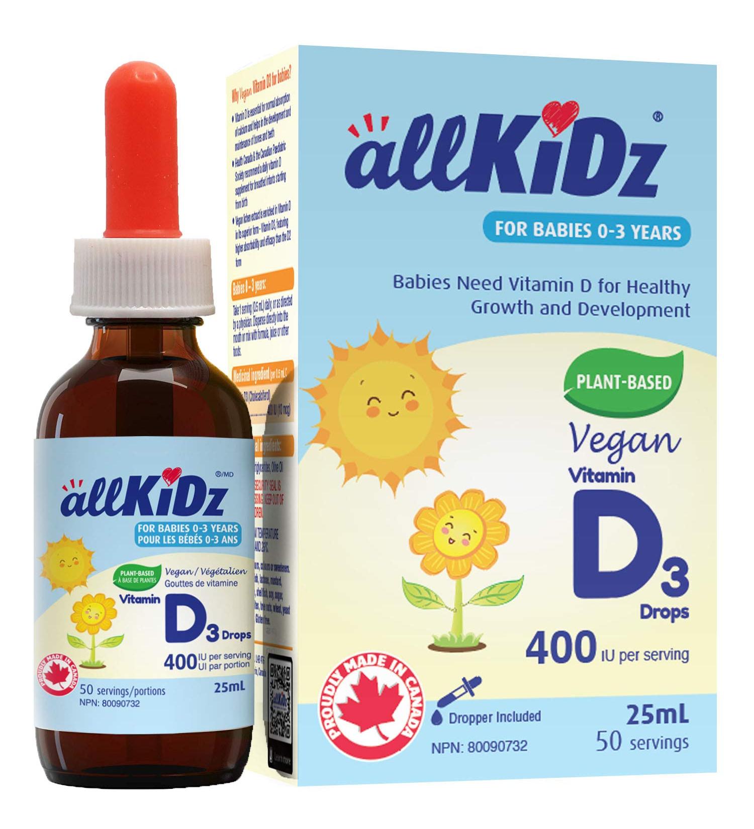allKiDz Vegan Vitamin D3 Drops for Infants Babies Kids Children Plant-based 400 IU VD3 Liquid Supplement 25 Milliliter - Buy Online on SooperMarket.com