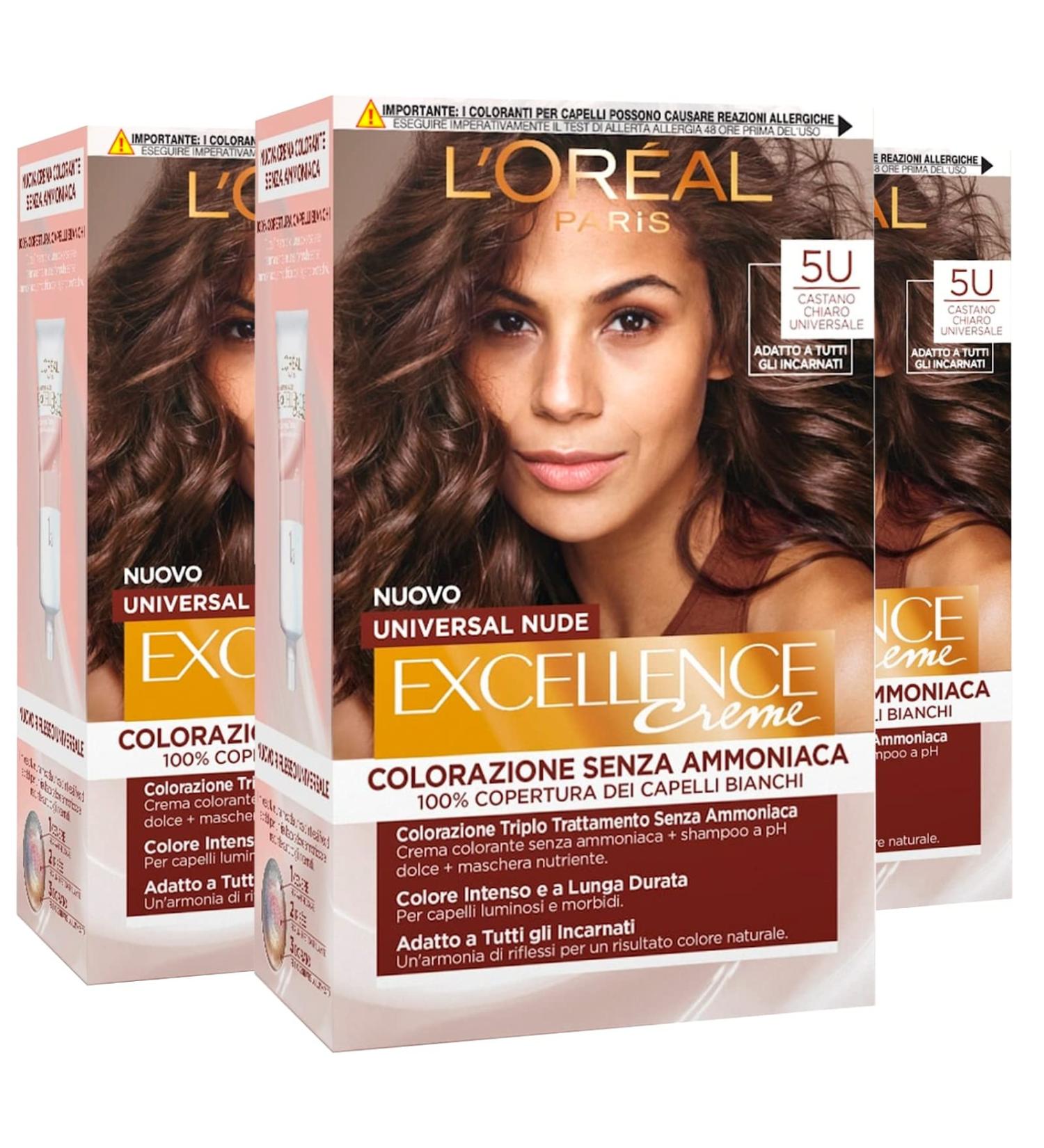 3 x L'Or al Paris Excellence Cream Permanent Hair Color - Universal Nude Light Brown 5U | Triple Treatment Formula - Buy Online on SooperMarket.com