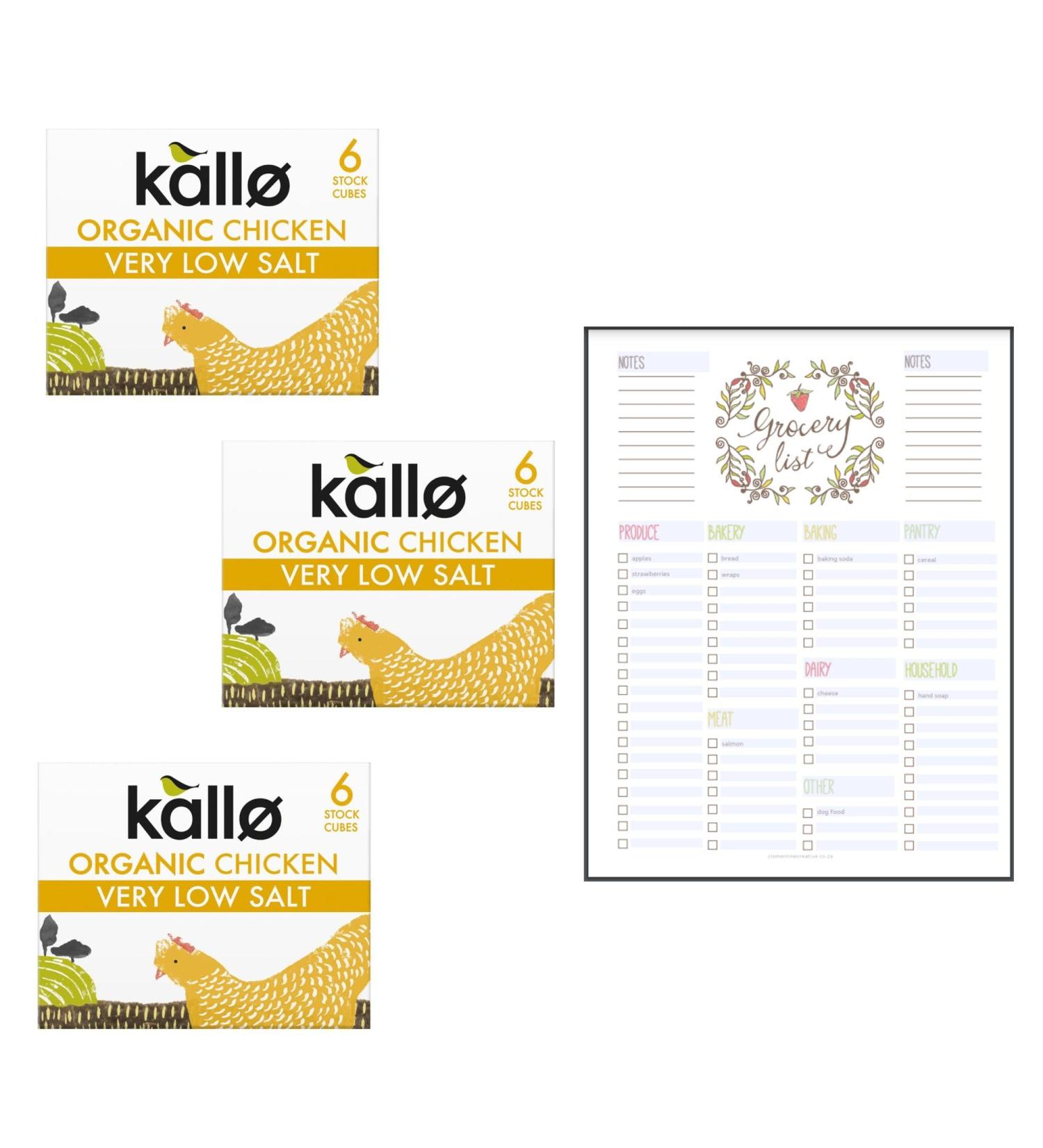 Very Low Salt Chicken Stock Cubes Bundle which Contains Kallo Chicken Cubes 48g - Pack of 3 with Grocery List Card - Buy Online on SooperMarket.com