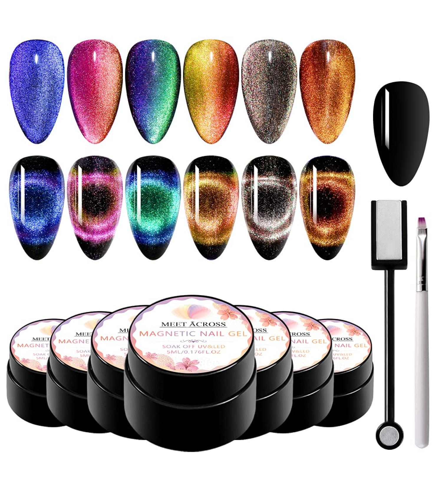 MEET ACROSS 9D Cat Eye Gel Nail Polish Set - Chameleon Magnetic Soak Off UV LED 7 Color Gel with Magnet Stick and Brush - Buy Online on SooperMarket.com