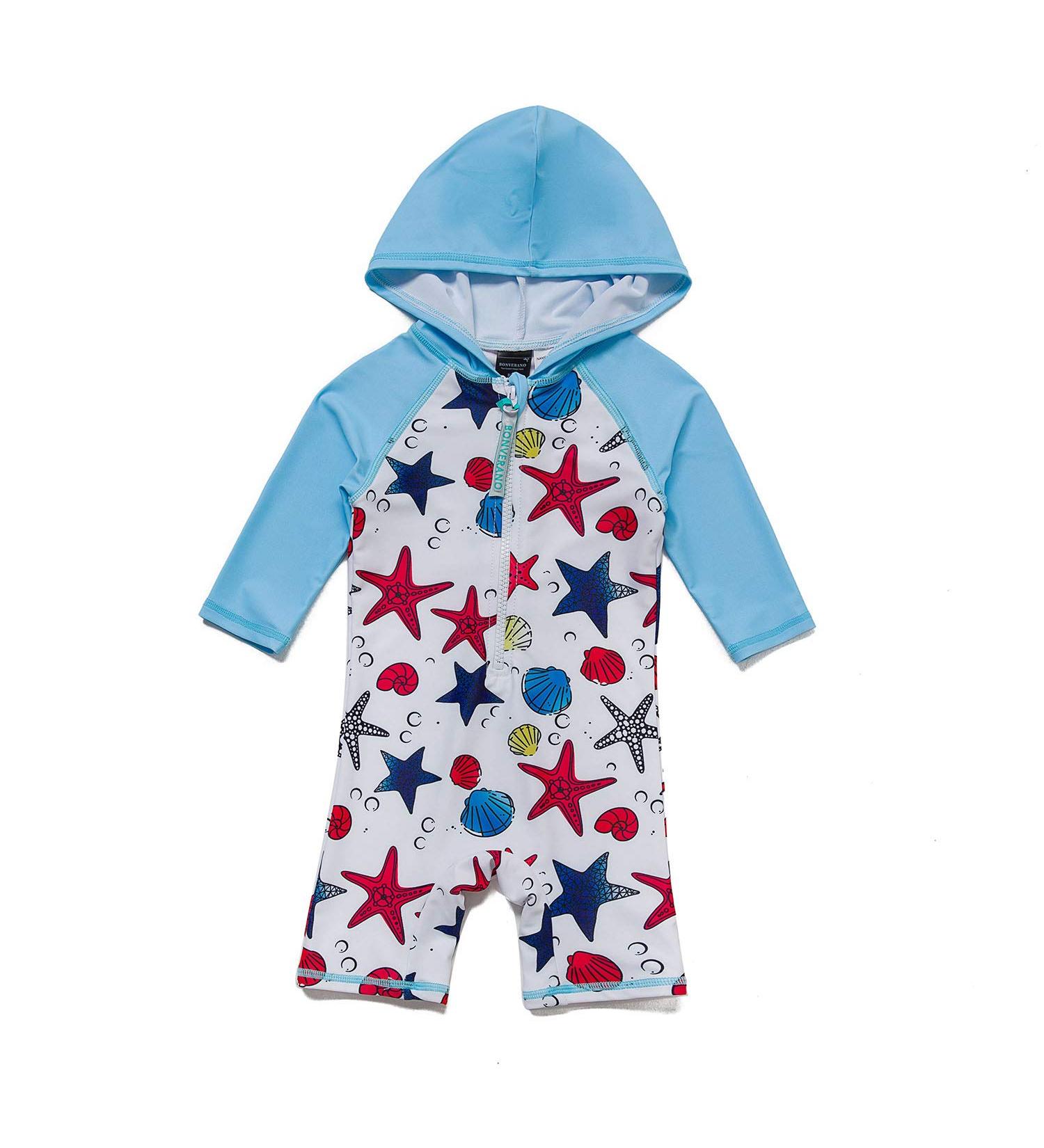 BONVERANO Baby Boys Swimsuit 6-9 Months Blue Star | UPF 50+ Full-Zip Hoodie One Piece Swimwear - Buy Online on SooperMarket.com