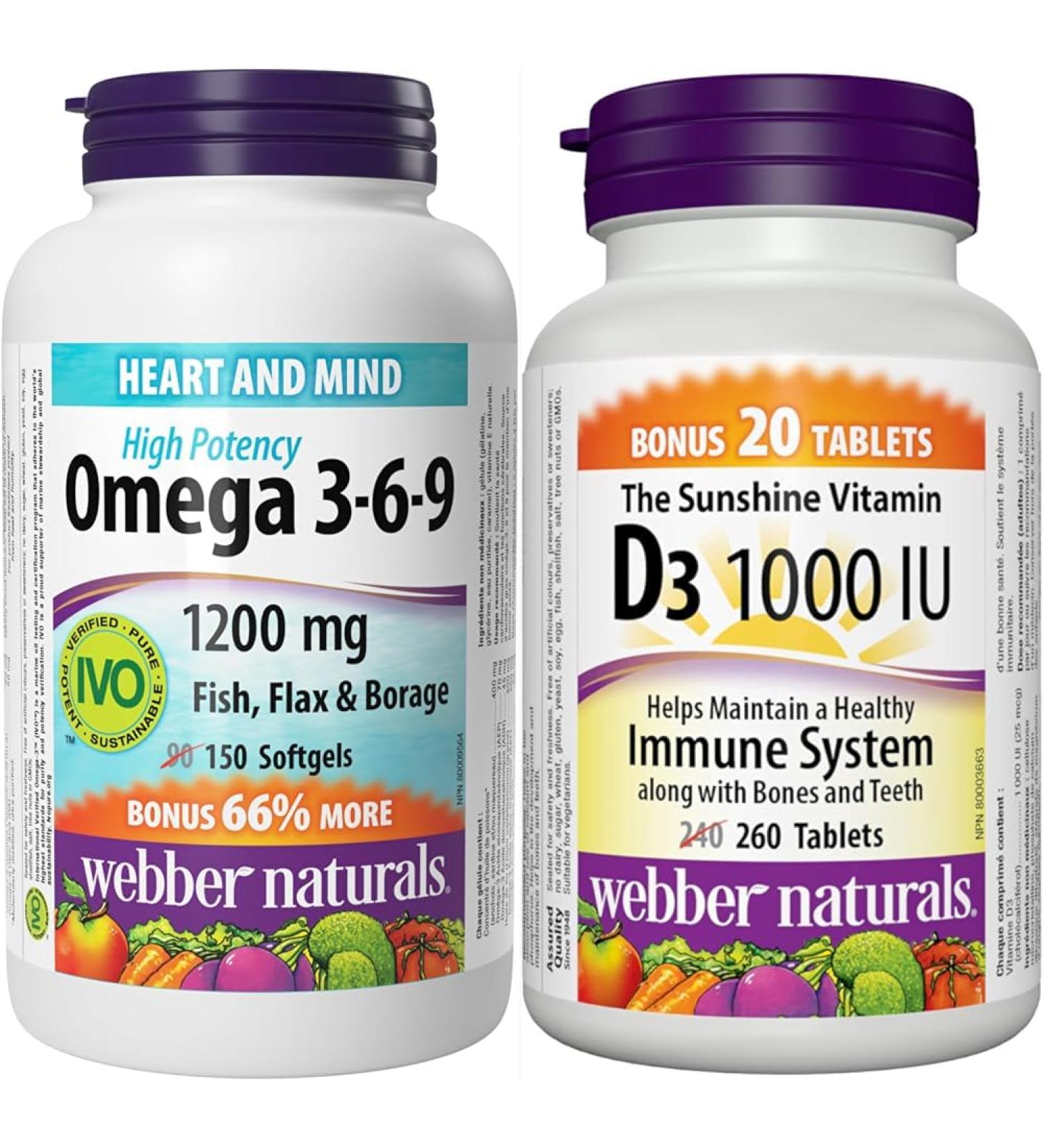 Webber Naturals Omega 3-6-9 Fish Oil 1 200 mg + Vitamin D3 1000 IU Bundle Omega 3-6-9 + Vitamin D3 1000 IU - Buy Online on SooperMarket.com