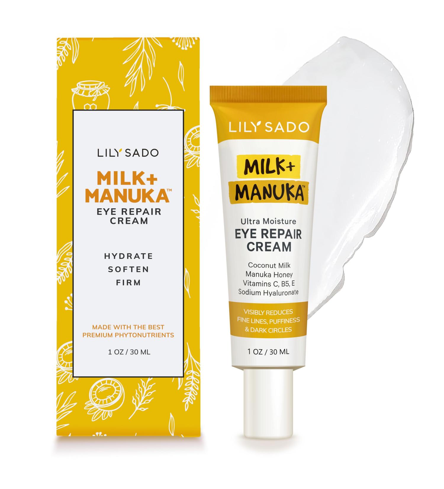 LILY SADO Milk+Manuka Eye Repair Cream - Anti-Aging Natural Gentle Formula with Coconut Milk & Manuka Honey - Reduces Puffiness & Wrinkles - 1oz - Buy Online on SooperMarket.com