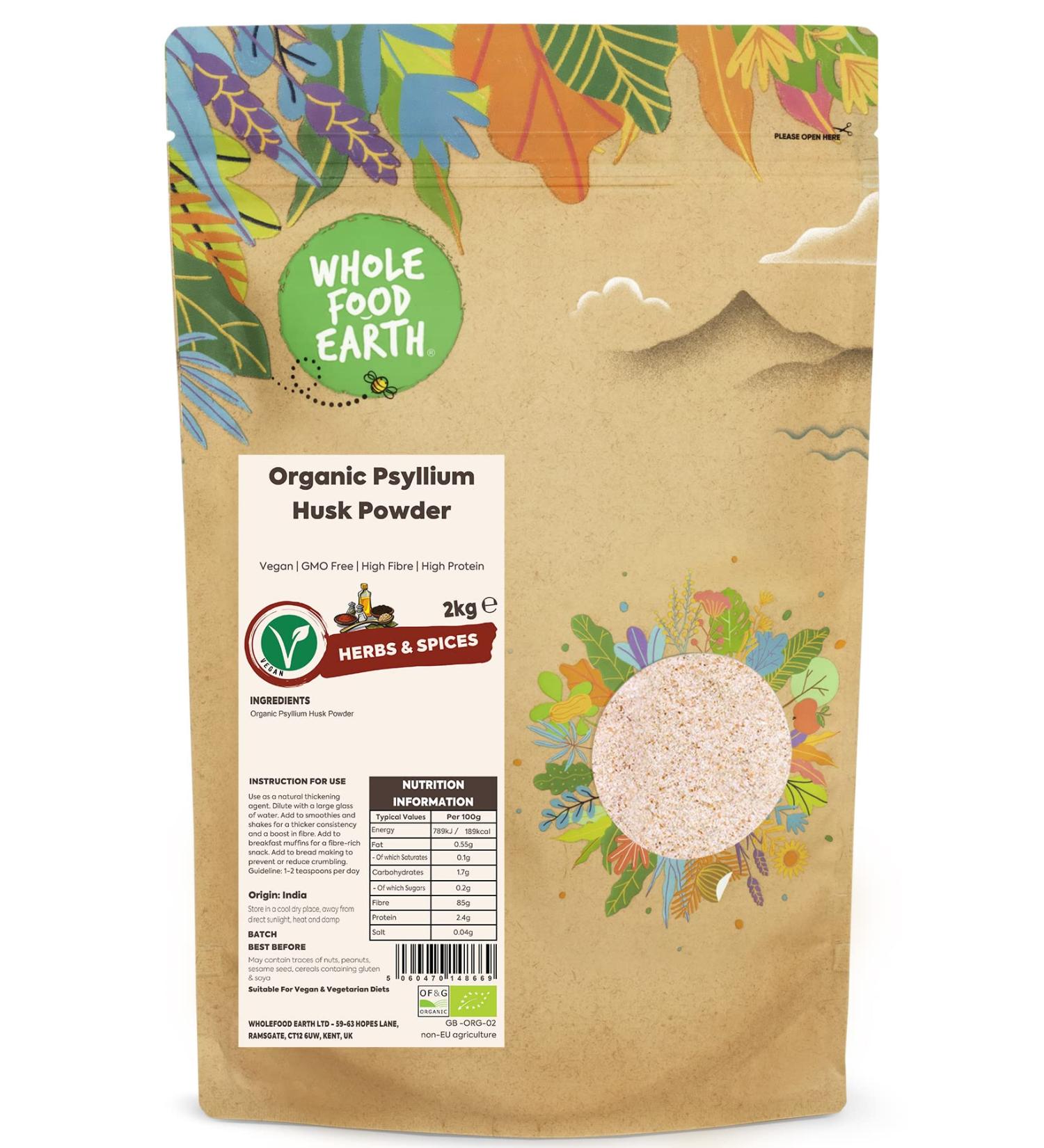 Organic Psyllium Husk Powder 2kg - Vegan & GMO Free | High Fibre & Protein | Certified Organic | Wholefood Earth - Buy Online on SooperMarket.com