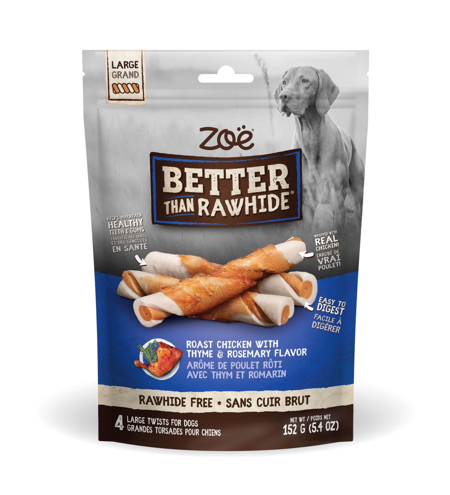 Zoe Better Than Rawhide Dog Treats - Roast Chicken with Thyme & Rosemary - 152g (5.4 oz) - 4 Large Twists - Buy Online on SooperMarket.com