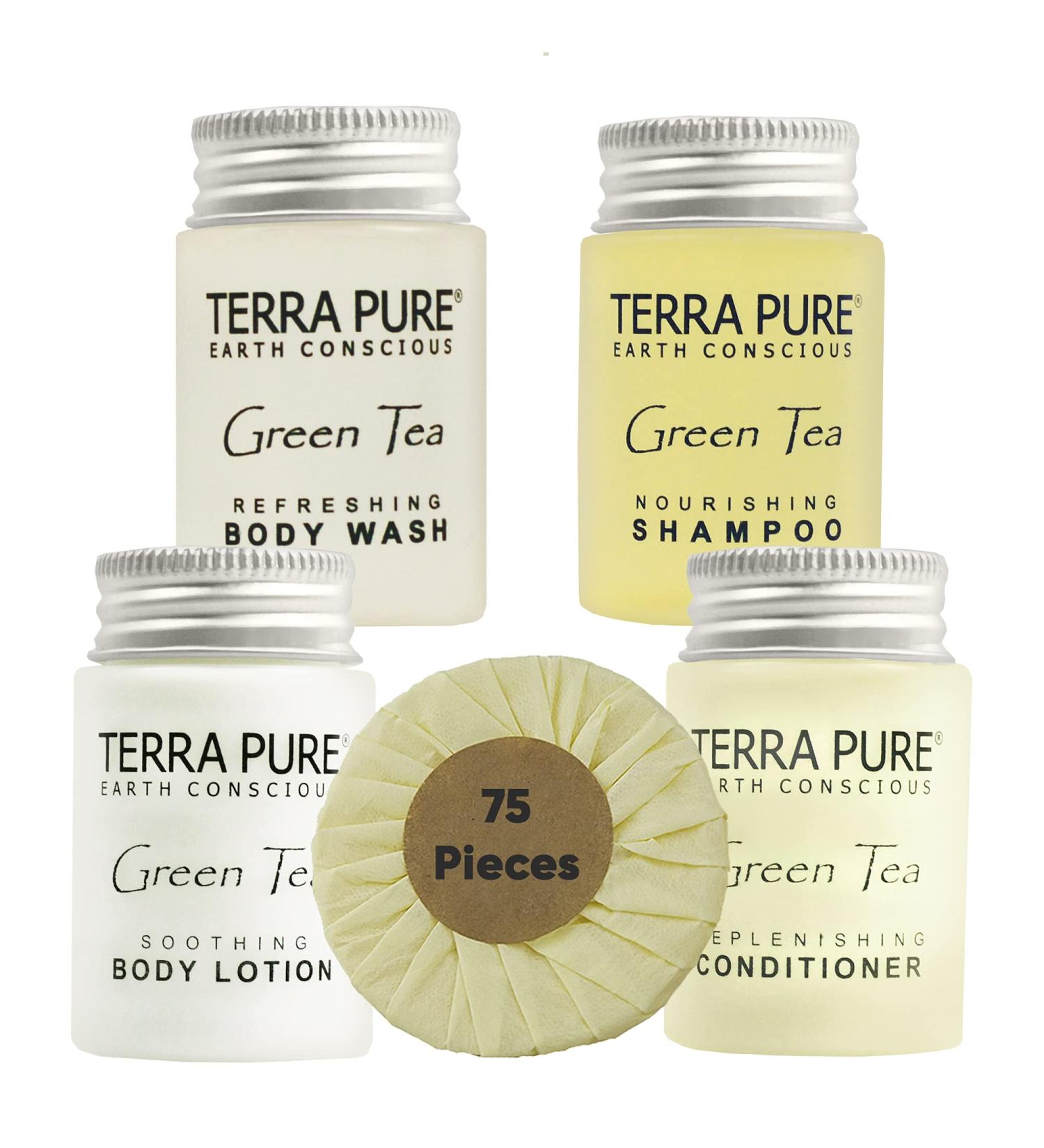 Hotel Amenities Bulk Set - Terra Pure Soaps & Toiletries | 1oz Shampoo, Conditioner, Body Wash, Lotion & 1.25oz Bar Soap | 75 Pieces - Perfect for Hotels - Buy Online on SooperMarket.com