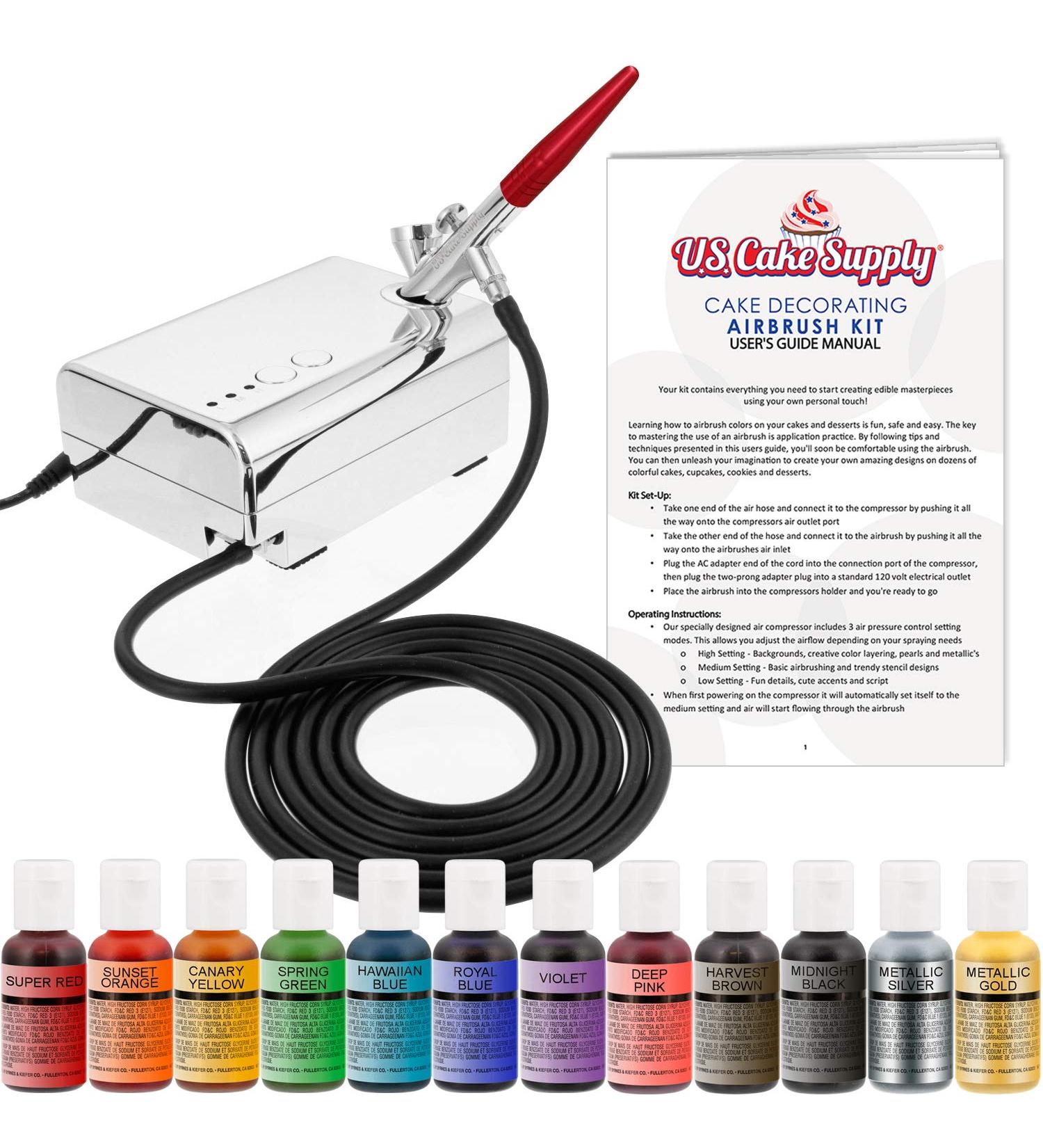 U.S. Cake Supply Airbrush Kit with 12 Vivid Colors - Complete Cake Decorating Set for Cakes, Cupcakes, Cookies, and Desserts - Buy Online on SooperMarket.com