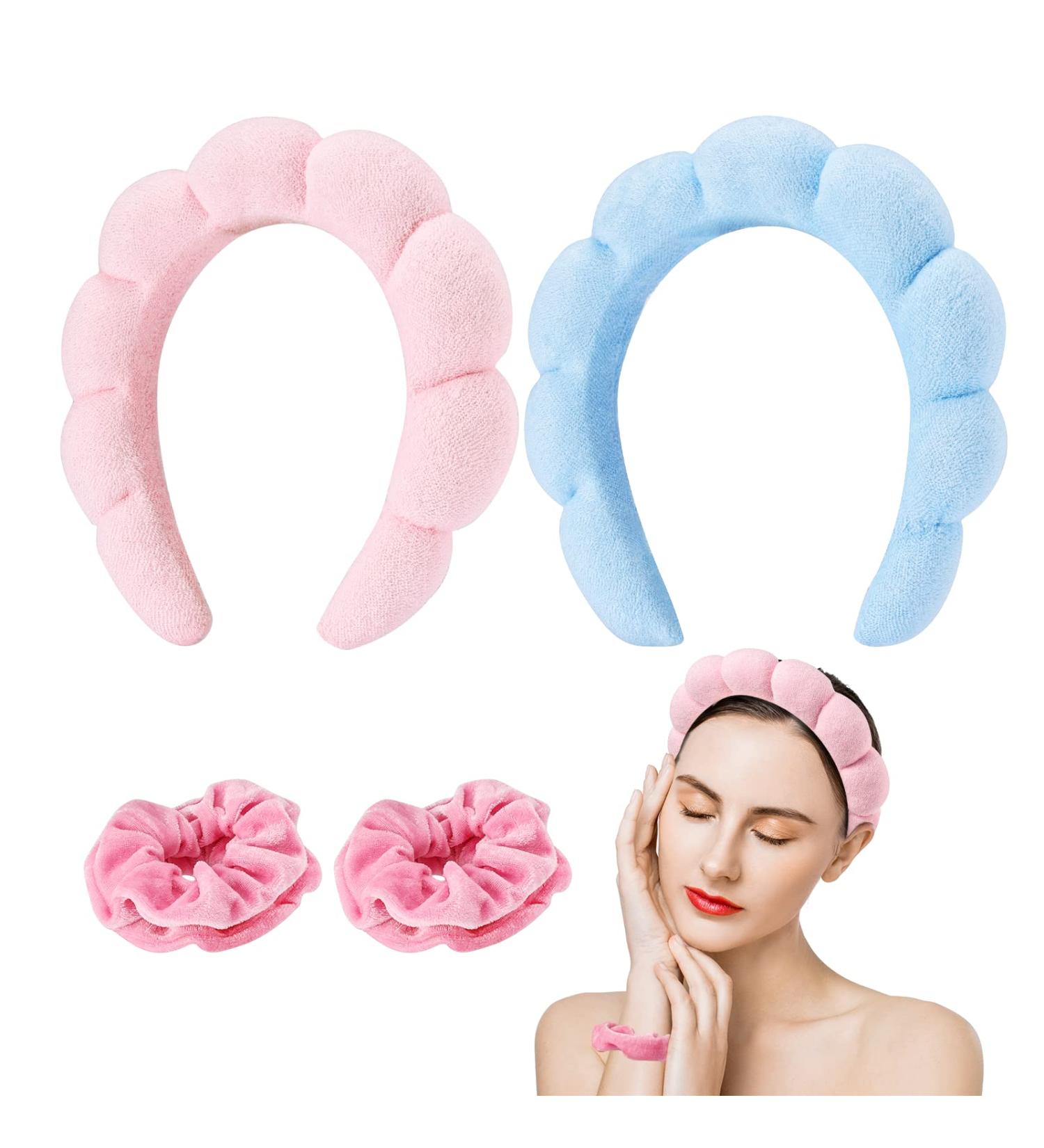 Rovtop SPA Headband 4Pcs Set for Makeup/Skincare - Non-slip Terry Towel Cloth Head band and Wristbands for Women - Pink+Blue - Buy Online on SooperMarket.com