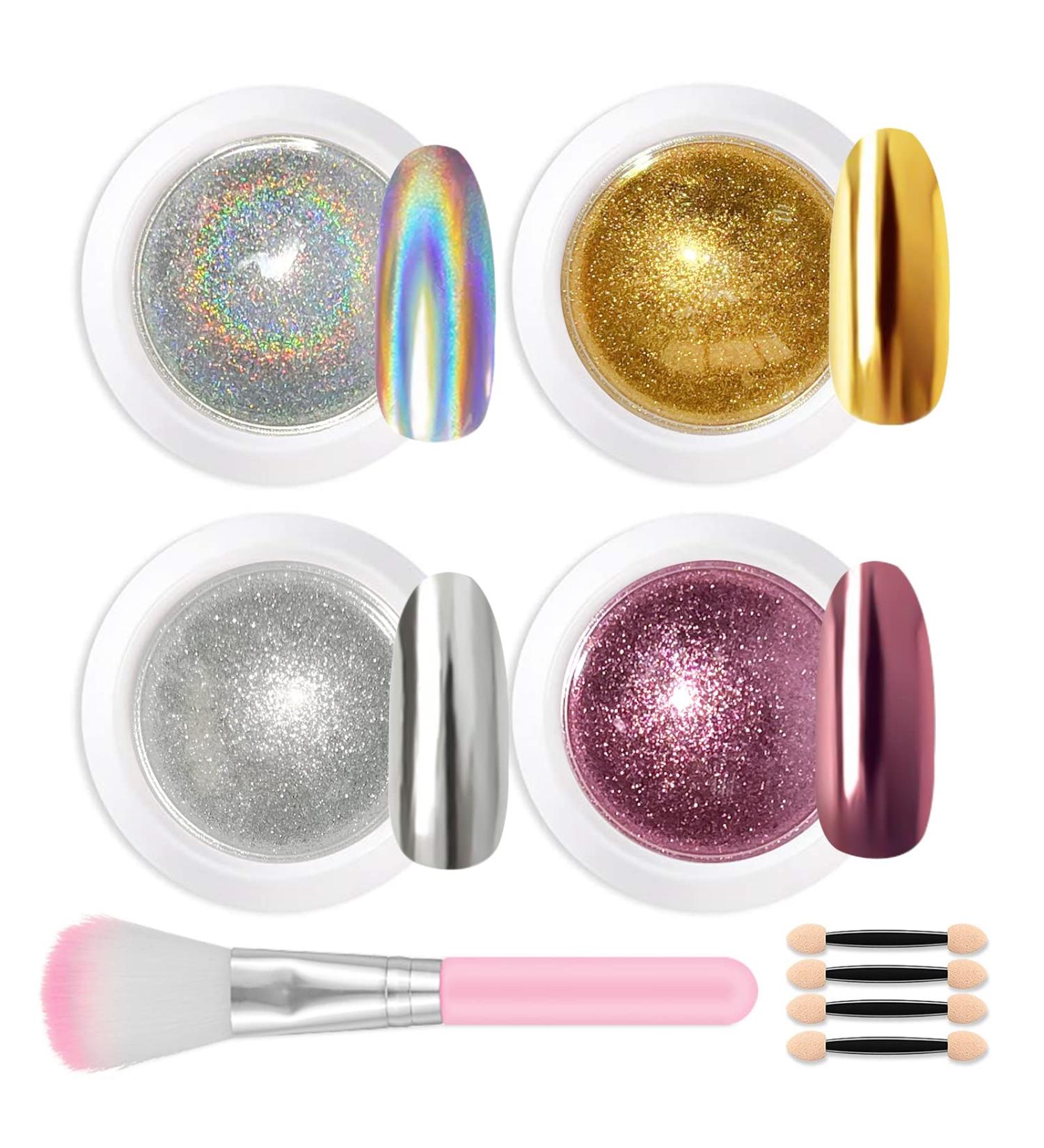 Lofuanna Chrome Nail Powder Set - 4 Colors Mirror Effect Holographic Glitter for Nail Art with 4pcs Eyeshadow Sticks and Dust Brush - 0.5g/Jar - Buy Online on SooperMarket.com