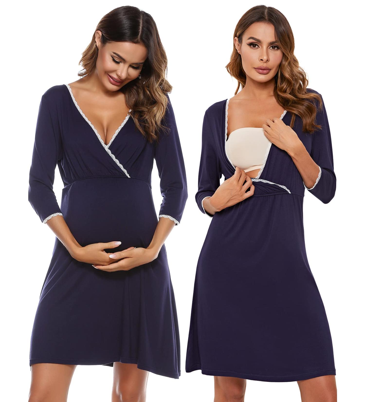 Sykooria Women's Cotton Soft Nursing Nightdress | 3/4 Sleeves Maternity Labour Nightgown - Navy Blue, Size L - Buy Online on SooperMarket.com