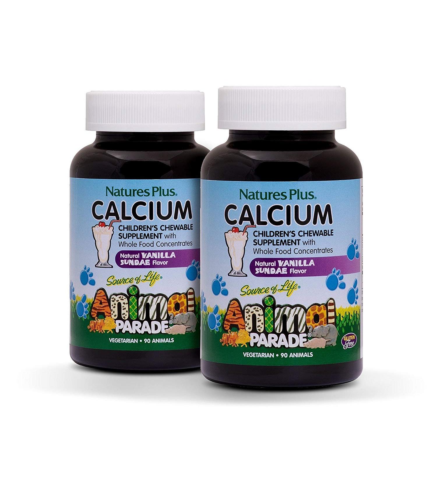 NaturesPlus Animal Parade Calcium Vanilla Sundae Flavor - 90 Animal-Shaped Chewable Tablets - Pack of 2 - Promotes Healthy Bones - Vegan Gluten Free - 180 Total Servings