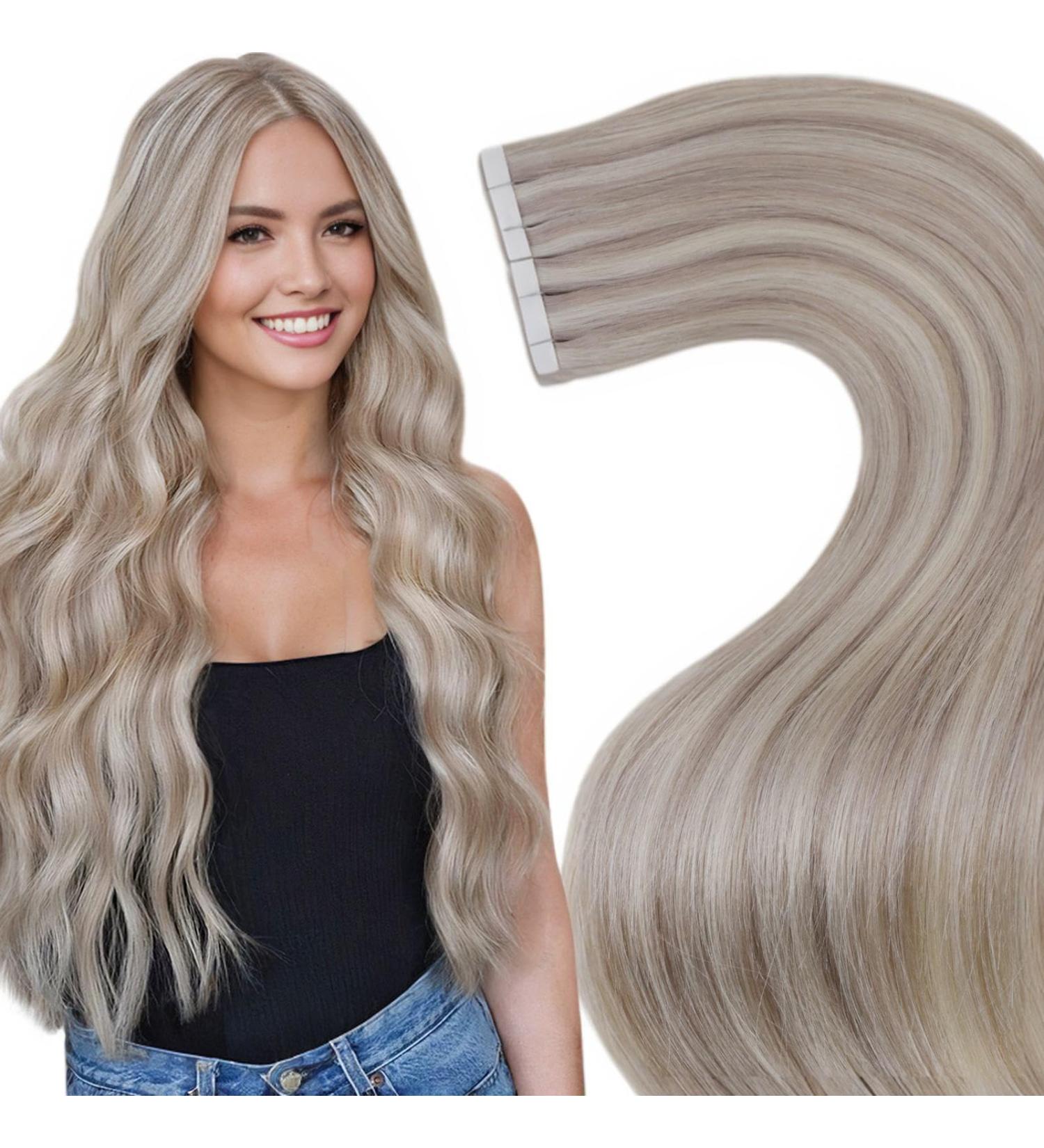 LAAVOO Tape-In Extensions | 60cm Real Hair | Ash Blonde & Platinum Blonde #18/613 | 20 Pieces 50g | Smooth Quality - Buy Online on SooperMarket.com
