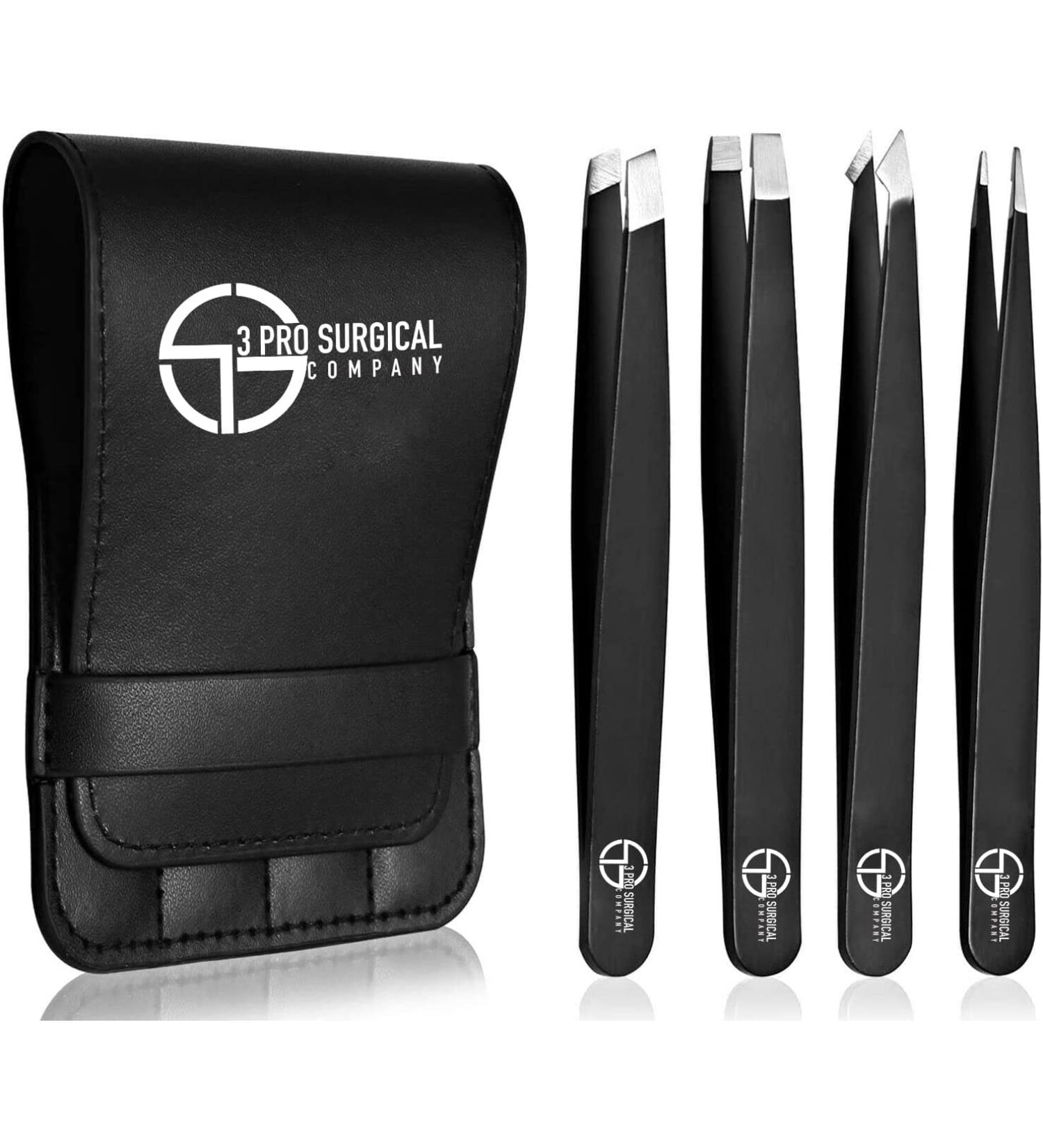 Professional 4-Piece Surgical Tweezers Set with Case - Slant and Pointed Tips for Eyebrows, Ingrown Hair Removal - Ideal for Women and Men - Buy Online on SooperMarket.com
