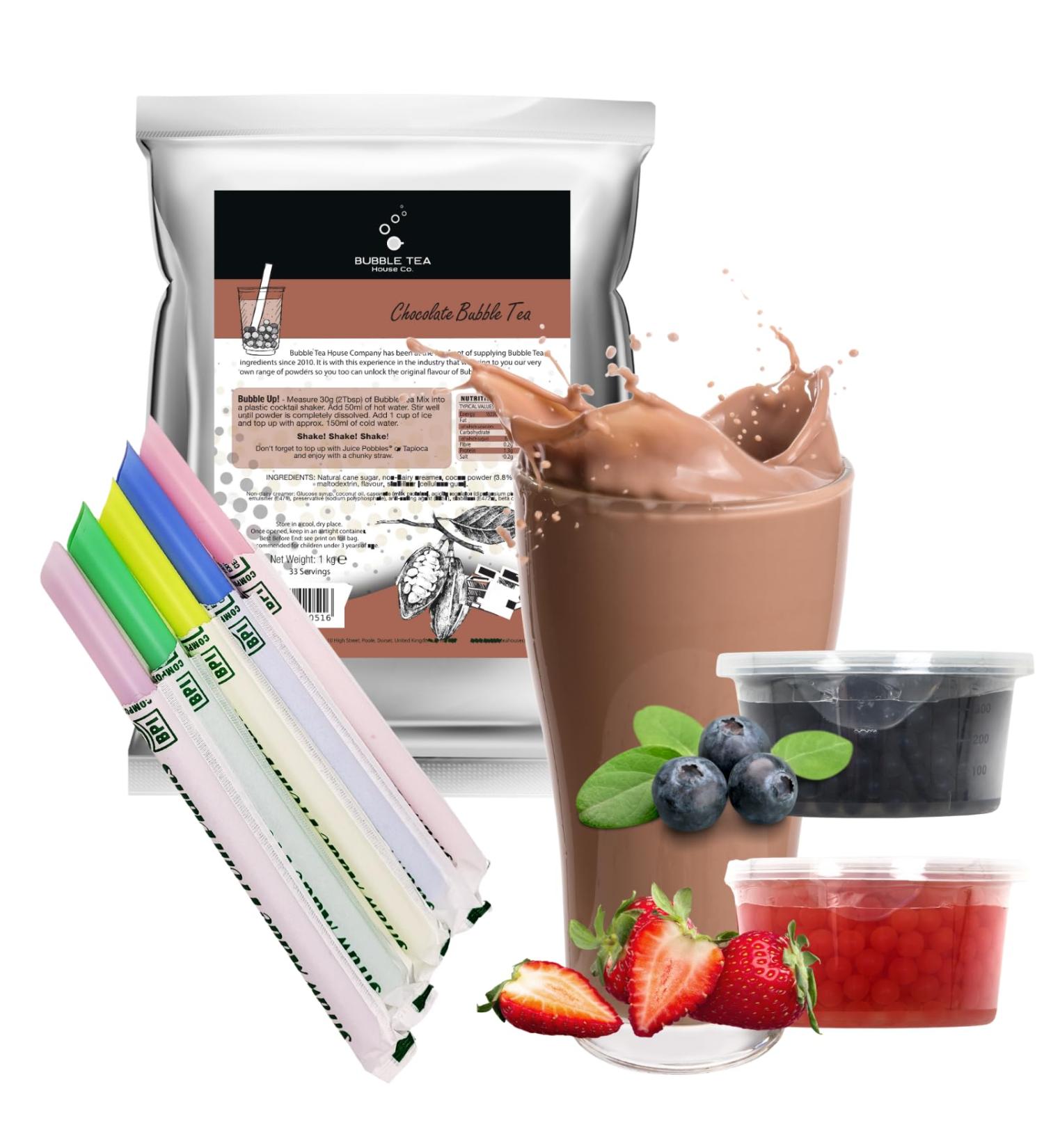 Chocolate Bubble Tea Kit - Premium Gift Set with Chocolate Tea Powder, Mango & Blueberry Juice Pobbles - Includes Bubble Tea Paper Straws (30 Servings) - Buy Online on SooperMarket.com