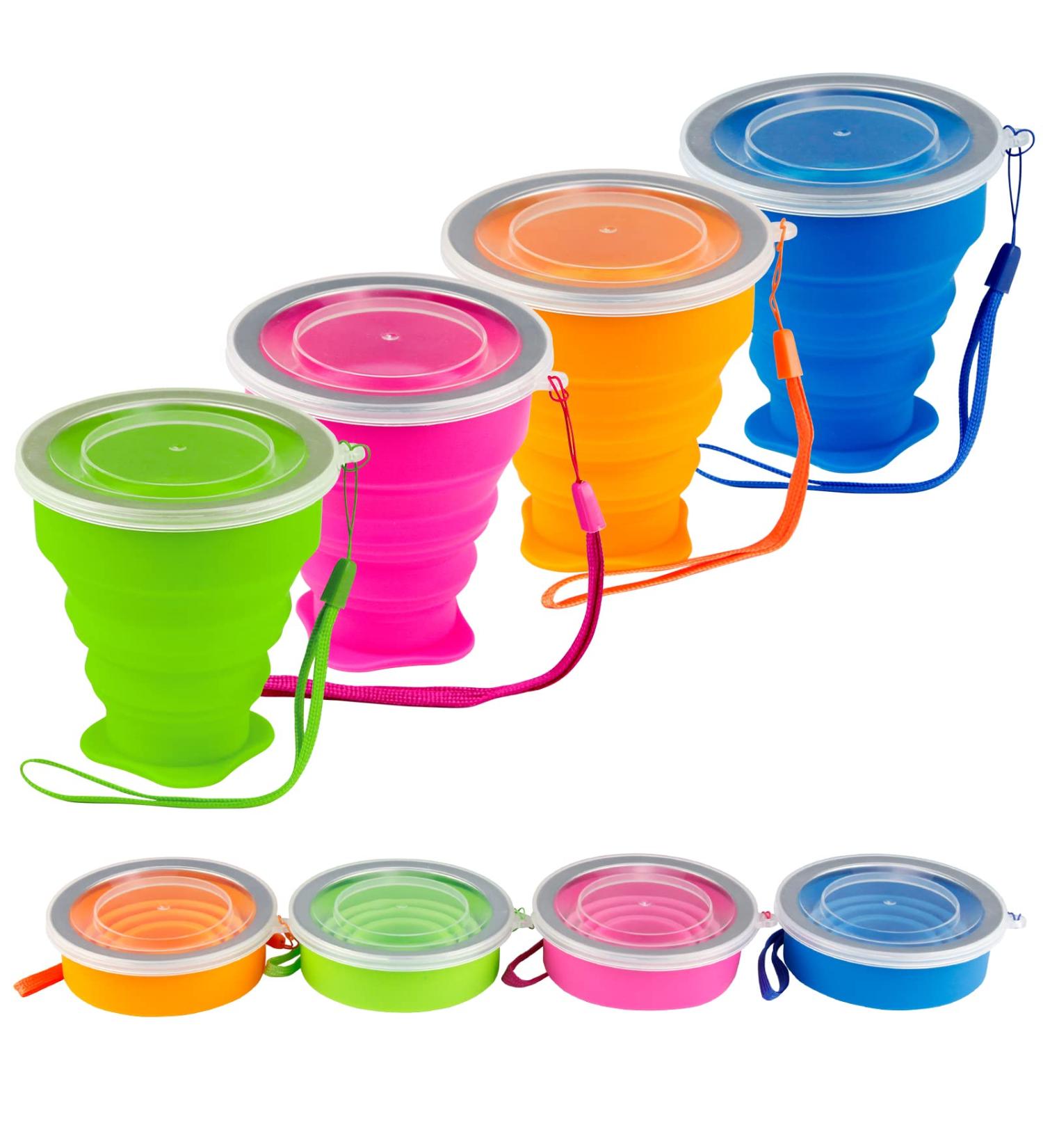 4 Pack Silicone Collapsible Travel Cup Set with Lid - Reusable & Expandable Drinking Mug for Camping and Hiking - Buy Online on SooperMarket.com