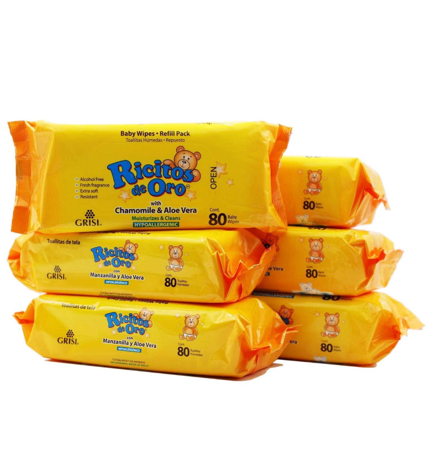Ricitos de Oro Chamomile and Aloe Vera Baby Wipes Refill 6-Pack - Hypoallergenic, Moisturizing, Alcohol-Free, Lightly Scented, 480 Wipes - Buy Online on SooperMarket.com