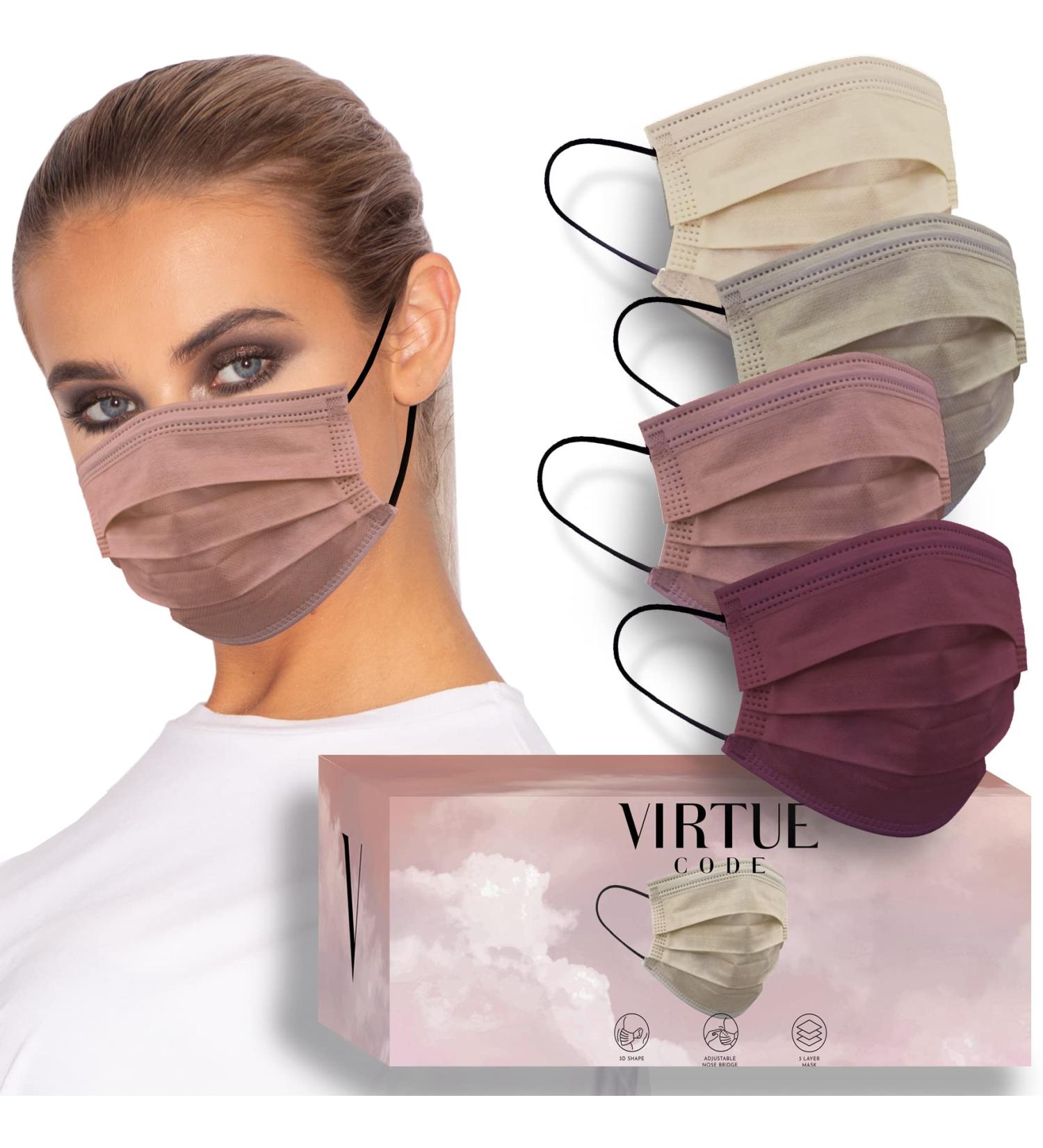 Virtue Code Earth Tones Disposable Face Mask Pack - 50 Cute Masks for Men and Women in Cream, Pink, Burgundy, and Beige Colors - Buy Online on SooperMarket.com