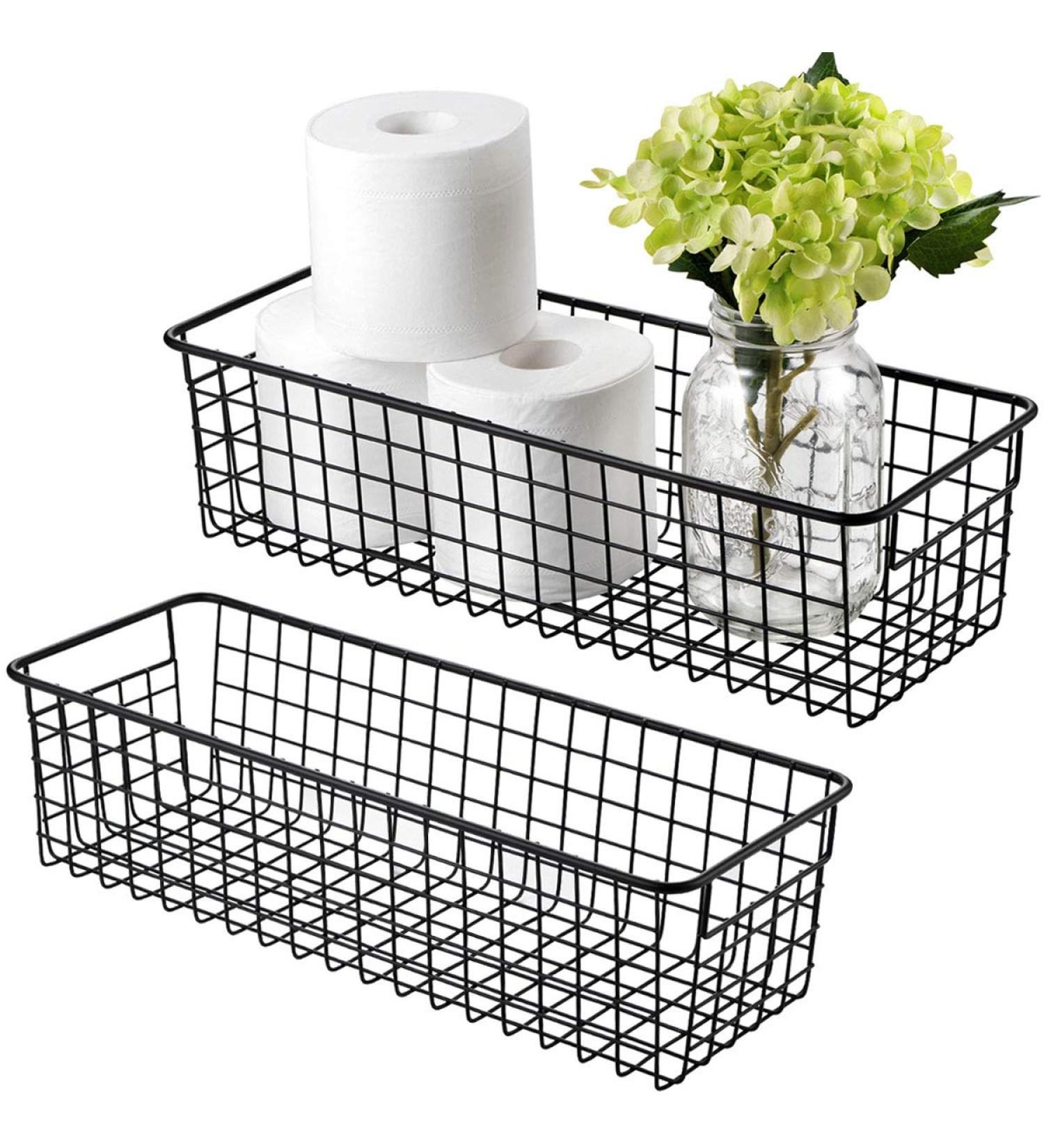 2 Pack Rustic Metal Wire Storage Baskets - Farmhouse Decor for Bathroom, Kitchen, Pantry, Laundry Room, Closets, Garage - Black - Buy Online on SooperMarket.com
