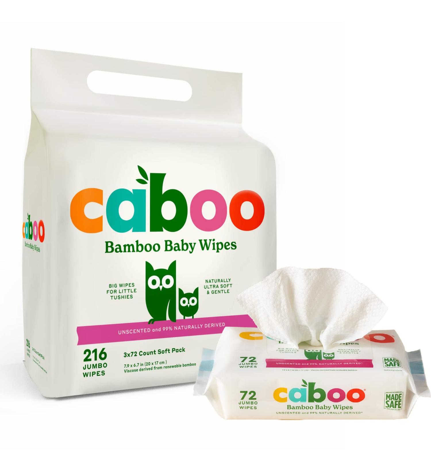 Caboo Tree-Free Bamboo Baby Wipes - 216 Count, Unscented, Eco-Friendly & Gentle for Sensitive Skin - 3 Travel Packs, Resealable Tabs - Buy Online on SooperMarket.com