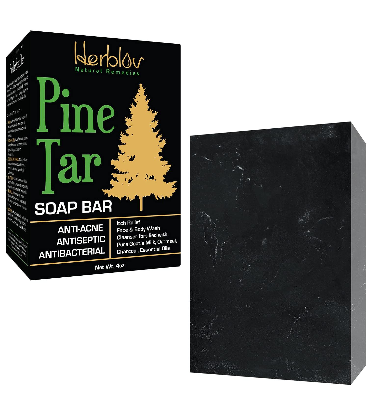 Herblov All Natural Pine Tar Soap Bar 4oz - Antibacterial & Antiseptic with Goat's Milk, Oatmeal, Charcoal & Essential Oils - Ideal for Acne, Eczema, Psoriasis Relief - Buy Online on SooperMarket.com