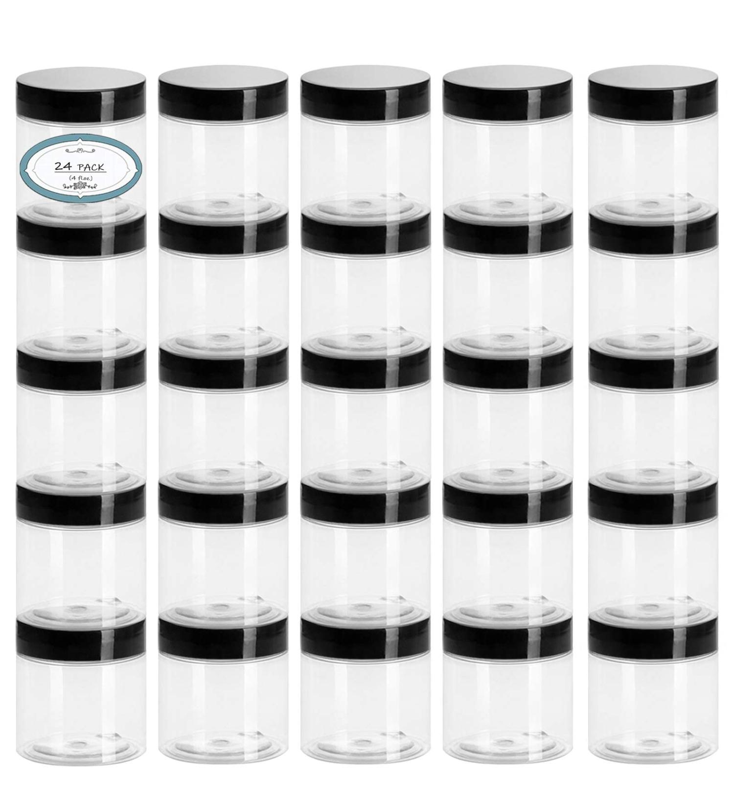 24 Pack 4 oz Clear Plastic Containers with Lids and Labels for Beauty Products - Body Butter Jars, Body Scrubs, Face Creams, Lotions - Buy Online on SooperMarket.com