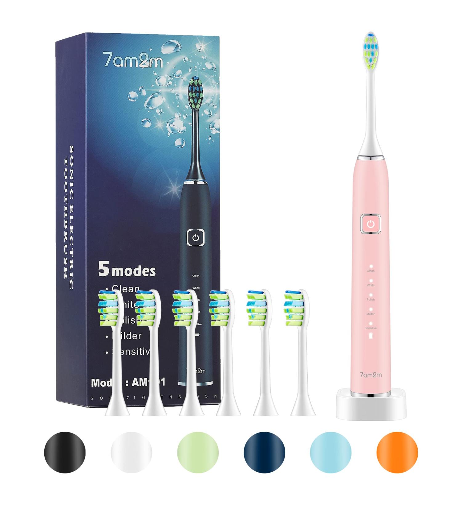 7am2m Sonic Electric Toothbrush - 6 Brush Heads, 90-Day Charge, 5 Modes, Smart Timer - Light Pink - Buy Online on SooperMarket.com