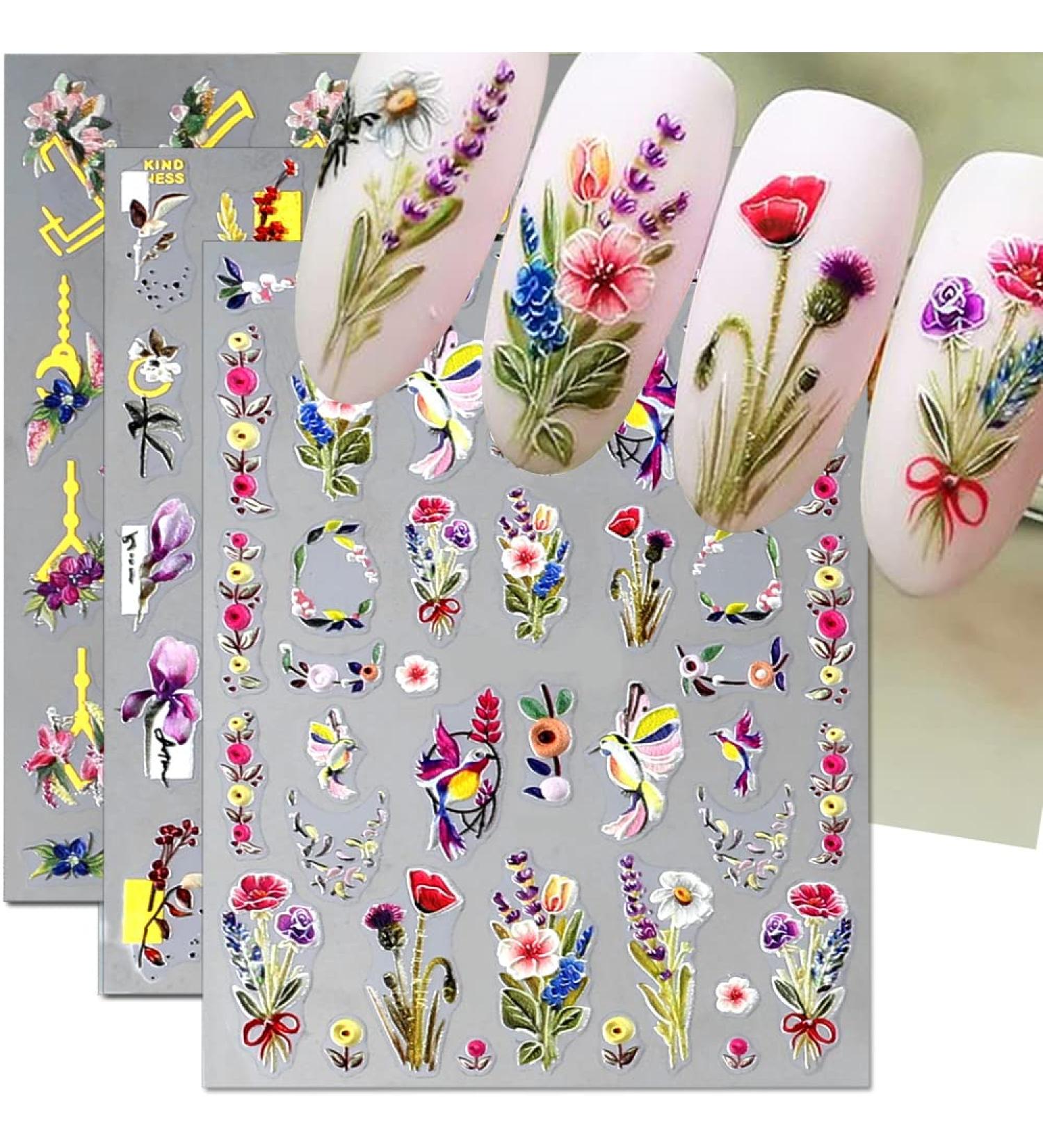 Dornail 5D Embossed Bronzing Nail Stickers - Spring Floral Decals for Women Manicure - Colorful Flower & Bird Nail Art Accessories - Buy Online on SooperMarket.com