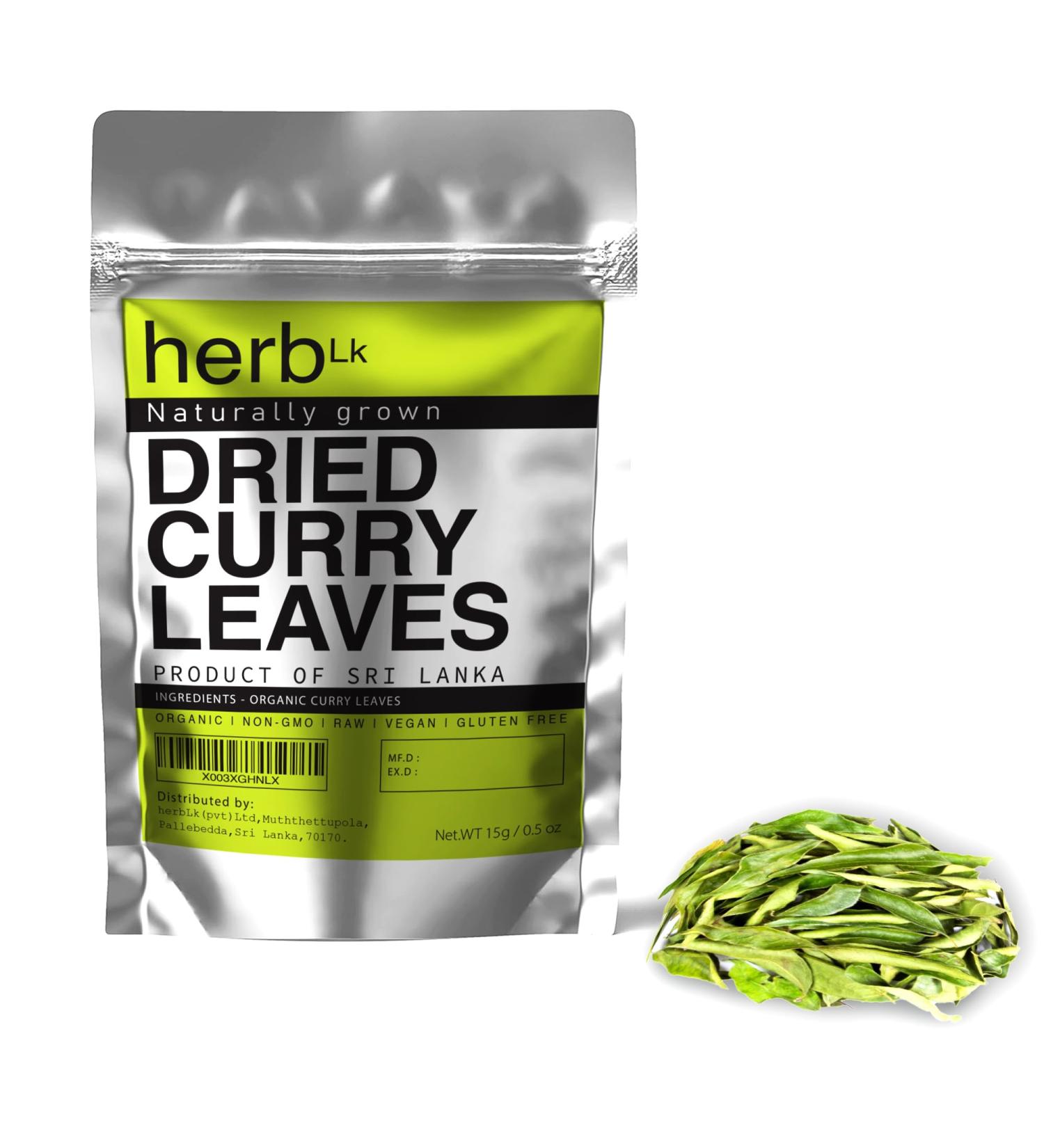 HerbLk Dried Curry Leaves (0.5 Oz / 15g) Naturally Grown 300+ Leaves Ceylon Spices Food Organic Dried Kari Patta Aromatic Flavors USDA Non-GMO No Additives No Gluten Vegan From Sri Lanka - Buy Online on SooperMarket.com