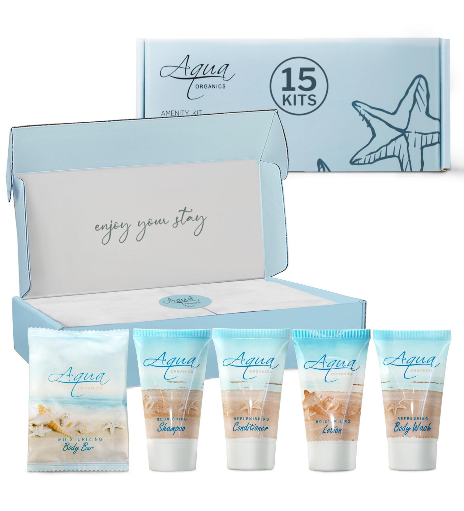 Shoppe All-in-Kit | Aqua Organics 75-Piece Amenity Kit | Bulk 1oz Travel Size Toiletries for Hotels AirBnBs & Vacation Rentals - Buy Online on SooperMarket.com
