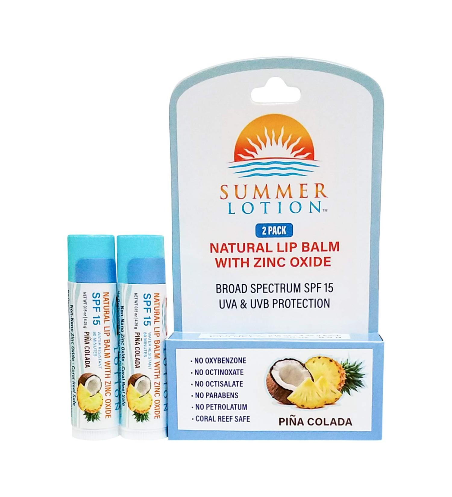 Summer Lotion SPF 15 Lip Sunscreen 2-Pack - Pina Colada Flavor - Water Resistant Chapstick with Zinc Oxide - SPF Lip Protection - Buy Online on SooperMarket.com