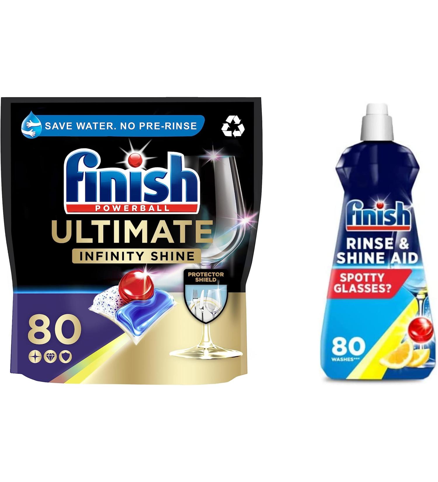 Bundle of Finish Ultimate Infinity Shine 80 Dishwasher Tablets Original + Finish Dishwasher Cleaner Rinse Aid | Scent : Lemon | Size : 400ml | for Ultimate Clean and Diamond Shine - Buy Online on SooperMarket.com