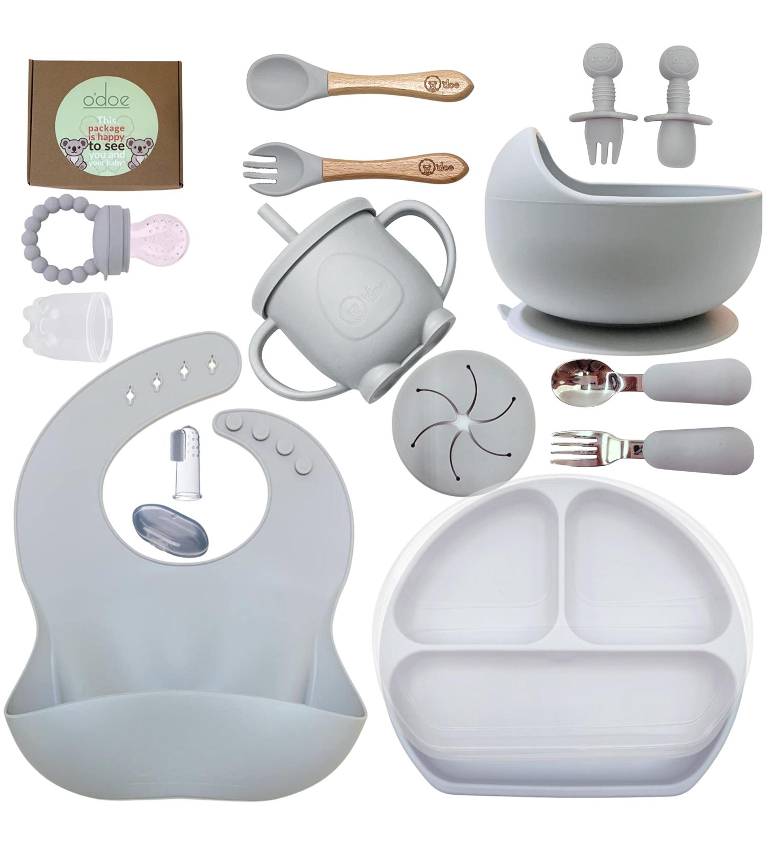 O'doe Baby Feeding Set | 17 Pc Baby Led Weaning Supplies for Toddlers | Suction Silicone Bowl, Self-Feeding Utensils, Fruit Feeder Cup, Bibs, Food Plate Kit with Lid (Grey V2) - Buy Online on SooperMarket.com