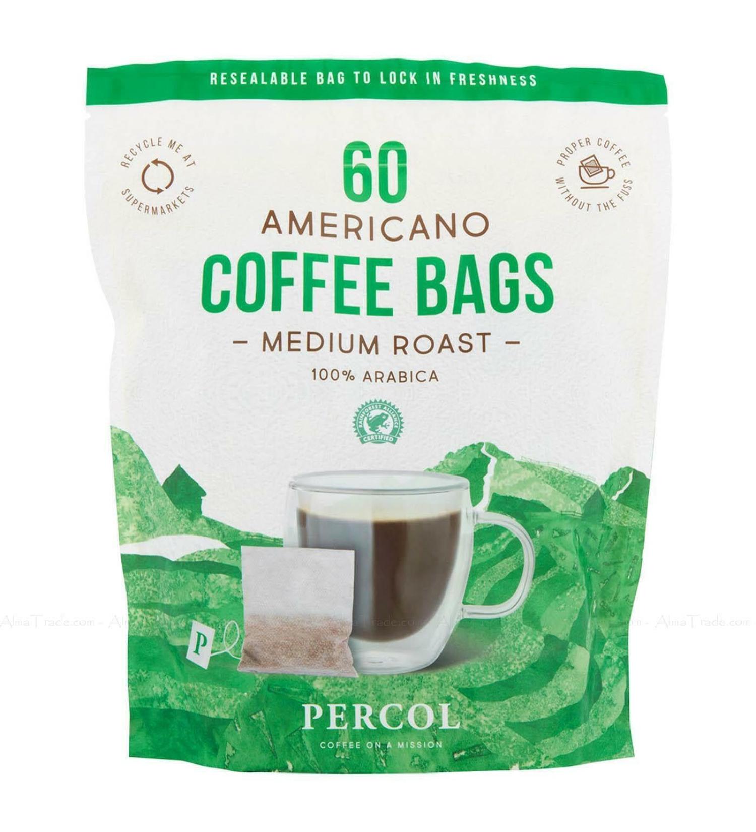Percol Americano Medium Roast 100% Arabica Ground Coffee Bags Pack of - 100% Arabica - Smooth & Full-Bodied Aroma - Rainforest Alliance Certified - 60 x 8g
