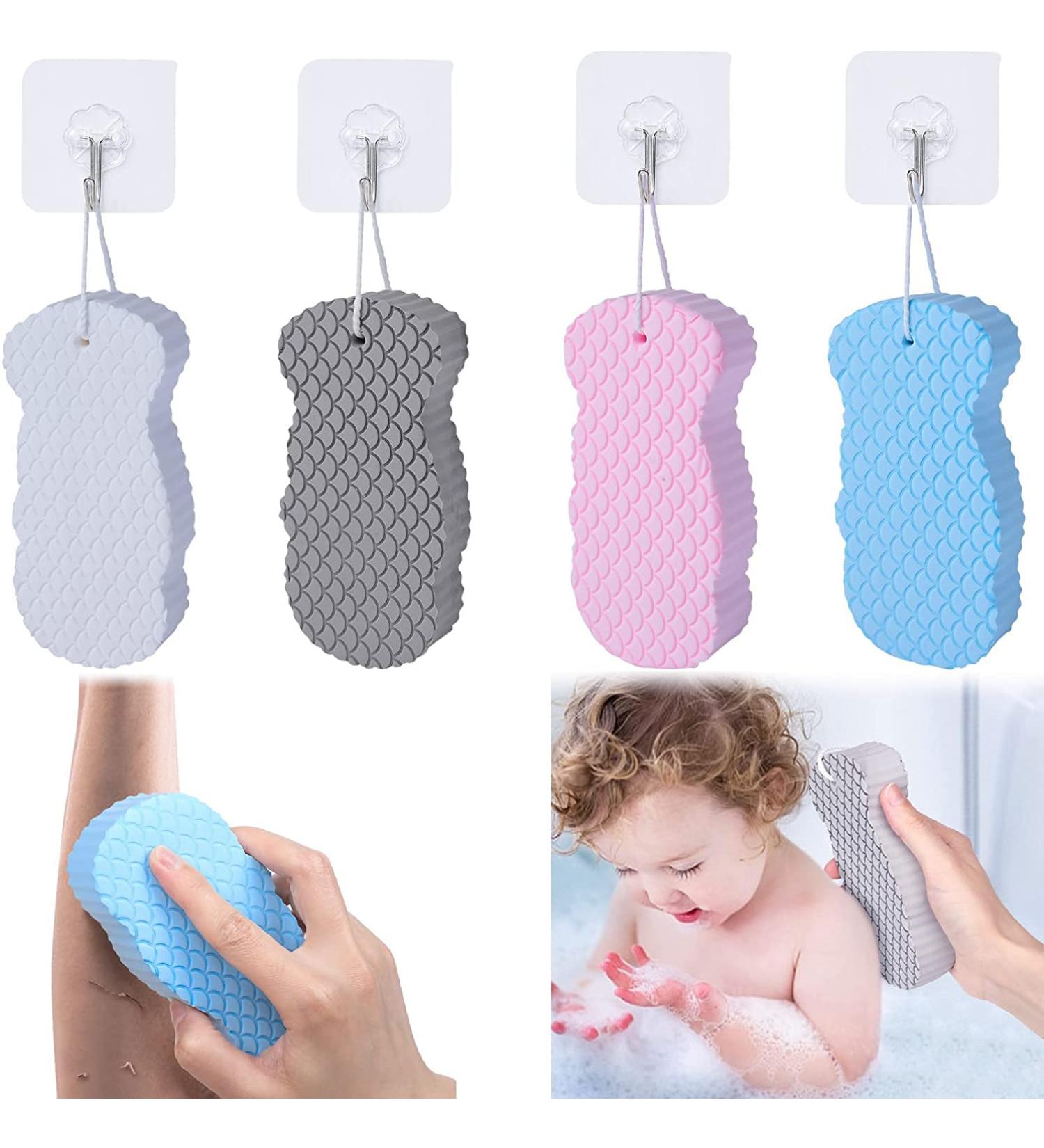 4-Pack Ultra Soft Exfoliating Bath Body Shower Sponges with Hooks - Reusable Dead Skin Remover for Children and Adults (Blue Pink Grey White) - Buy Online on SooperMarket.com