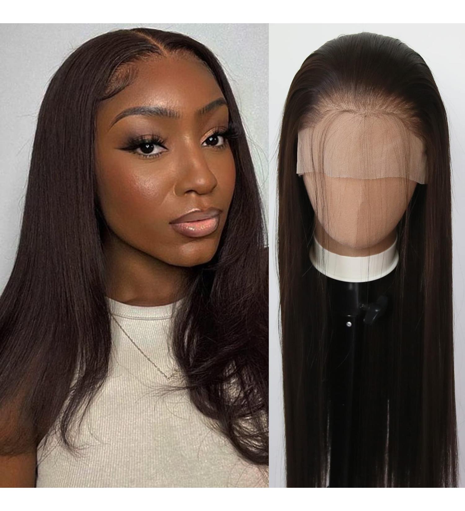 Dark Brown Synthetic Lace Front Wig | Long Straight Chocolate Brown Hair | Pre Plucked with Baby Hair | Heat Resistant Fiber | Cosplay & Daily Wear Wig - Buy Online on SooperMarket.com