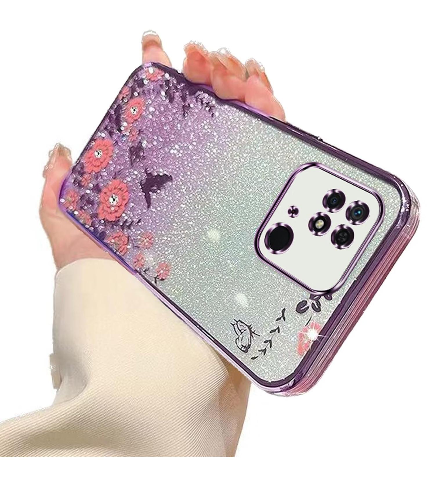 Tivenfezk Nadoli Glitter Diamond Case for Xiaomi Redmi 10C | Sparkle Flower Butterfly Soft Gradient Cover | Glossy Rhinestone Protective Silicone Etui - Purple - Buy Online on SooperMarket.com