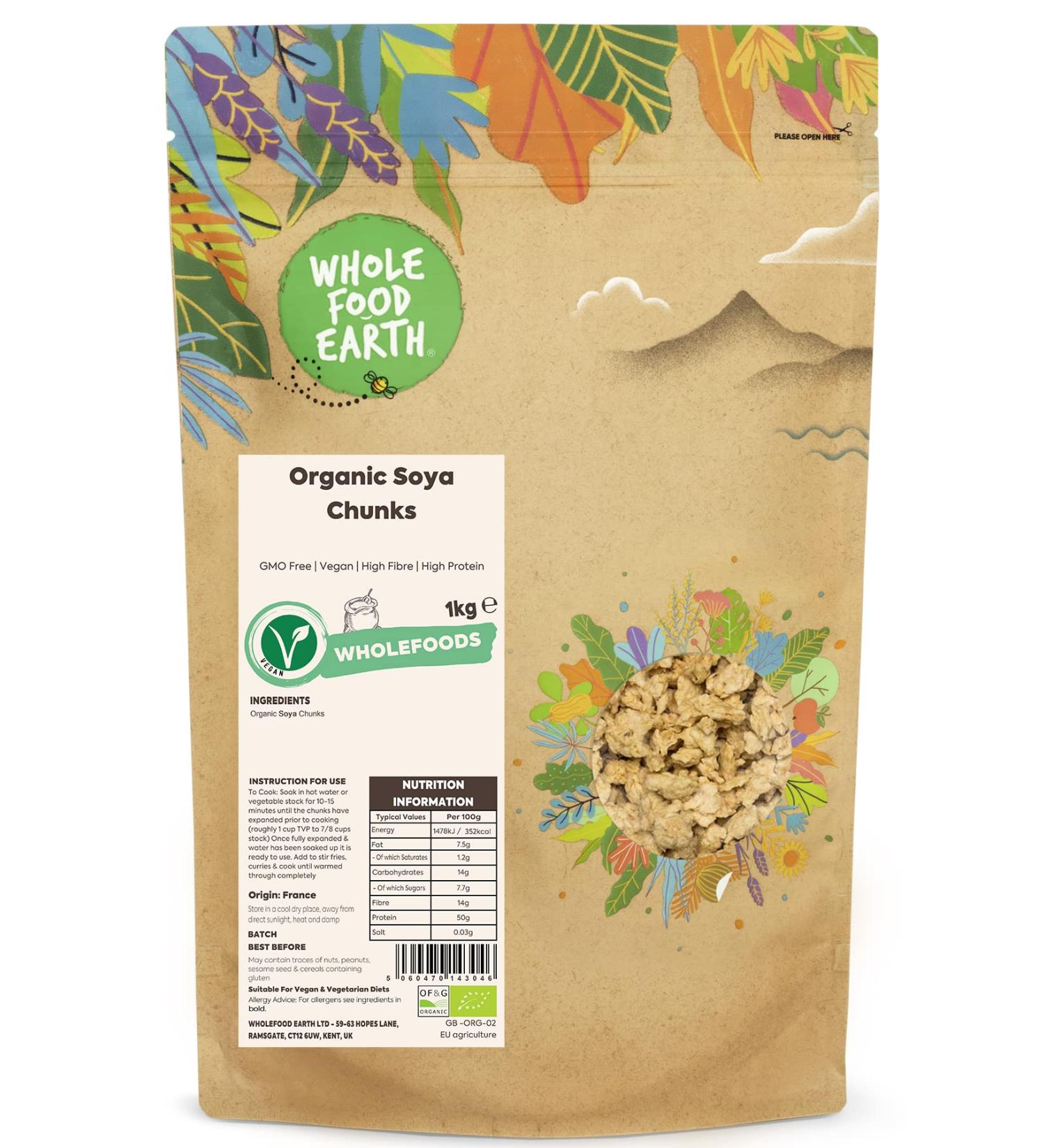Wholefood Earth Organic SOYA Chunks 1kg GMO Free | Vegan | High Fibre | High Protein | Certified Organic - Buy Online on SooperMarket.com