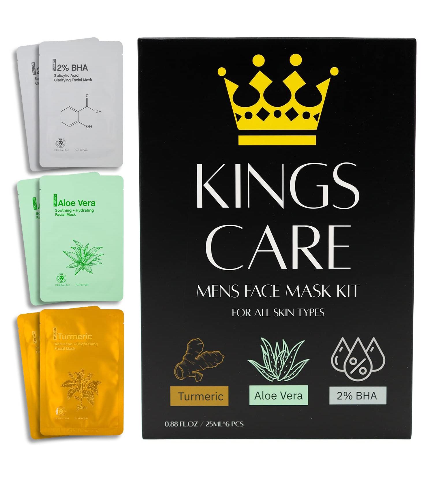 Kings Care Men's Face Mask Skin Care Kit (6 Pack) - Turmeric Anti-Acne & Aloe Vera Soothing, 2% BHA Salicylic Acid Sheet Mask - Hydrating, Brightening, Pore Refining - Buy Online on SooperMarket.com