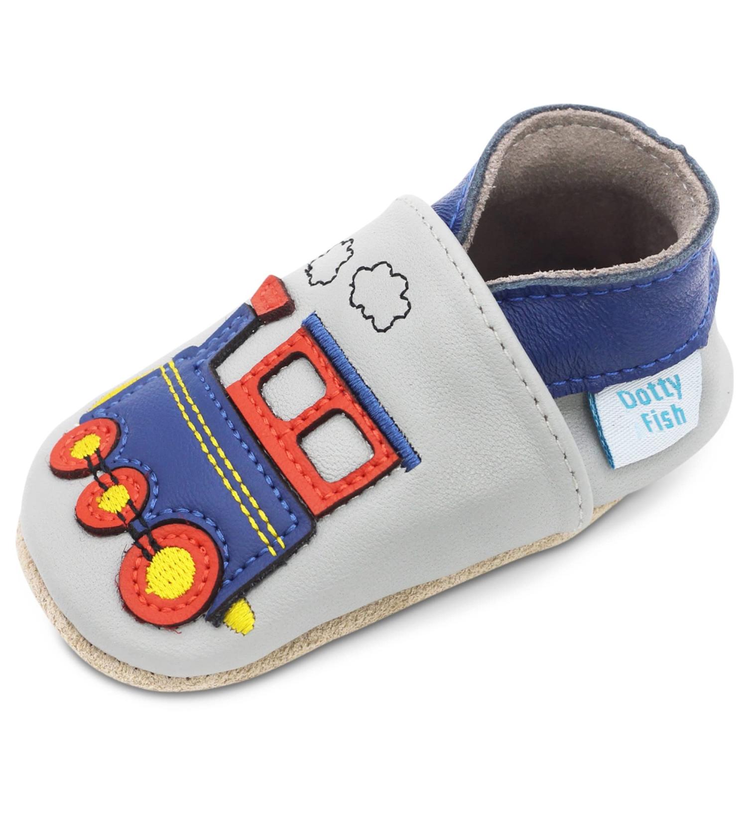 Dotty Fish Soft Leather Baby Shoes for Boys | Non-Slip Suede Soles | Grey Train Design | 0-6 Months to 4-5 Years - Buy Online on SooperMarket.com