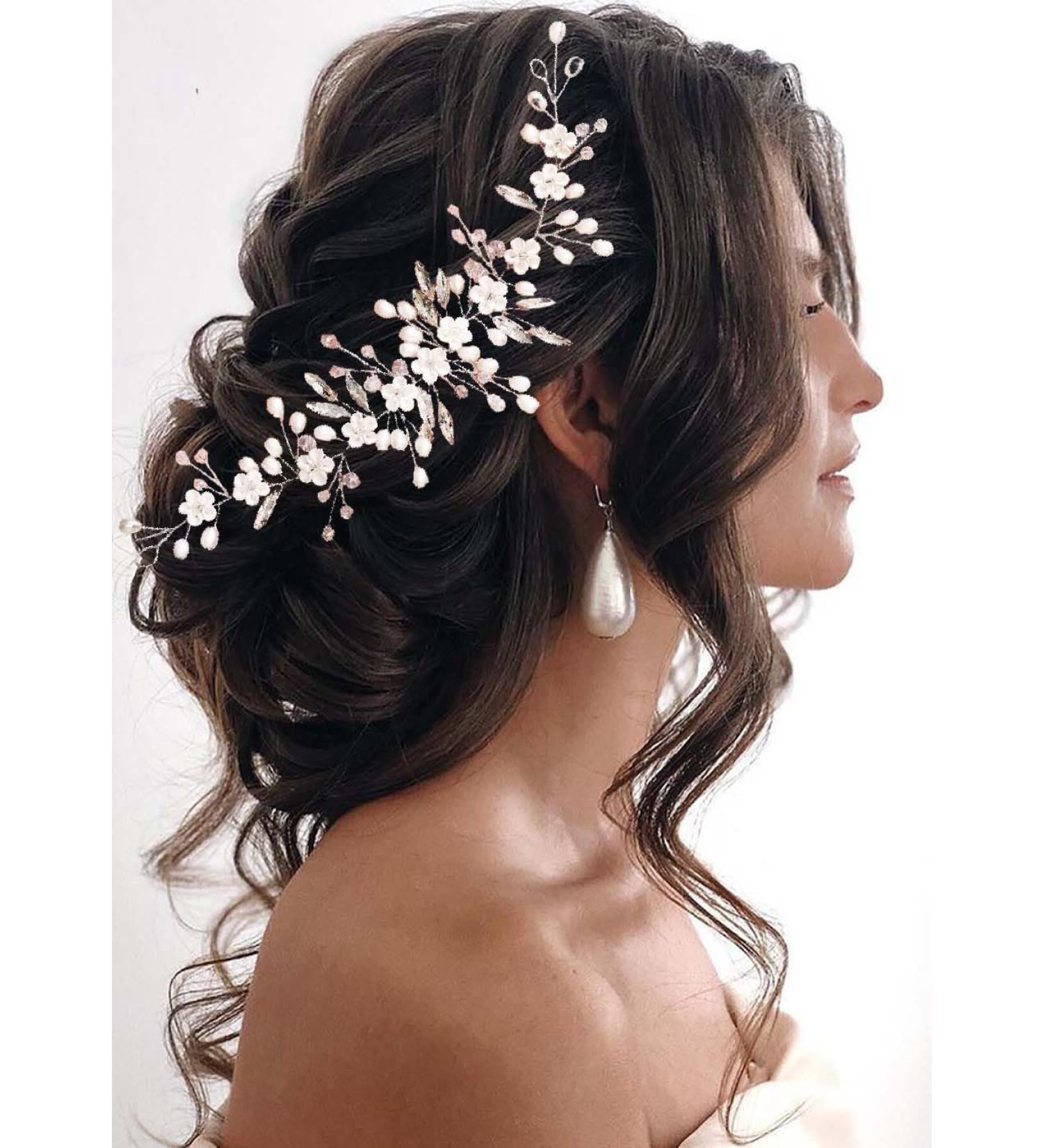 Unicra Flower Bride Wedding Hair Vine Silver Crystal Hair Accessories Pearl Bridal Headpiece for Women and Bridesmaid - Buy Online on SooperMarket.com