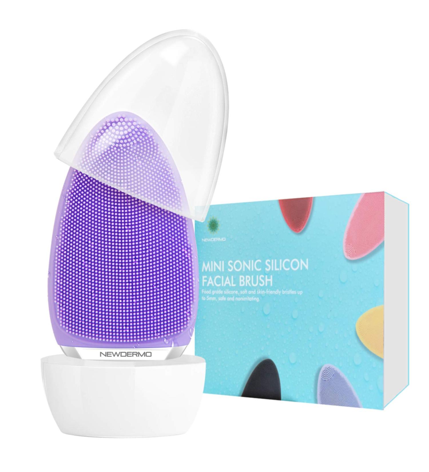 Facial Cleansing Brush by NEWDERMO Vibrating Silicone Face Scrubber - 2 Function Modes and 7 Speeds Rechargeable IPX7 Waterproof Face Brush for Deep Cleaning Pores Exfoliating and Massaging Purple - Buy Online on SooperMarket.com