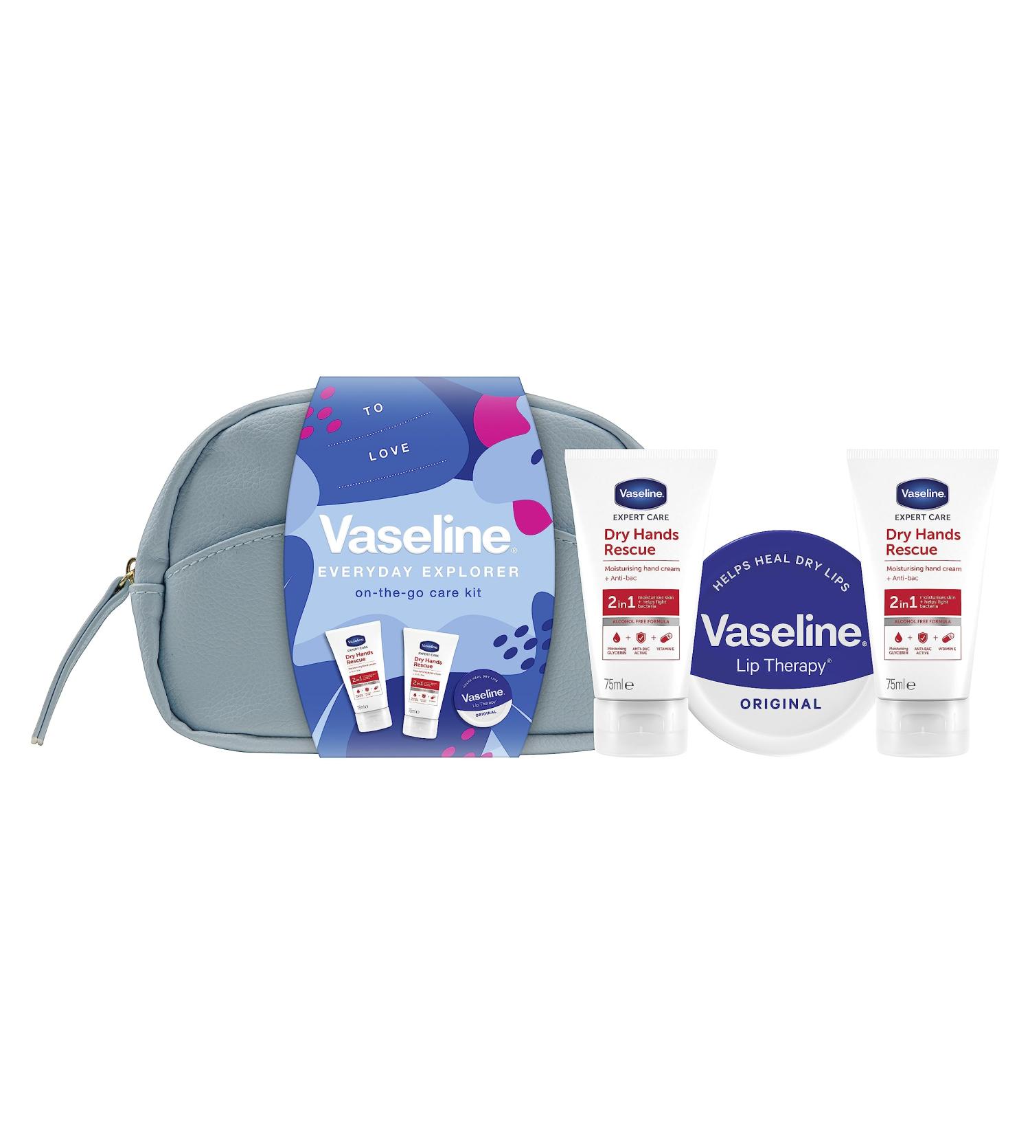 Vaseline On-The-Go Beauty Bag Gift Set: 2 Anti-Bac Hand Creams & Lip Balm for Moisturized Lips & Hands - 3 Piece Set (NEW 2023) - Buy Online on SooperMarket.com
