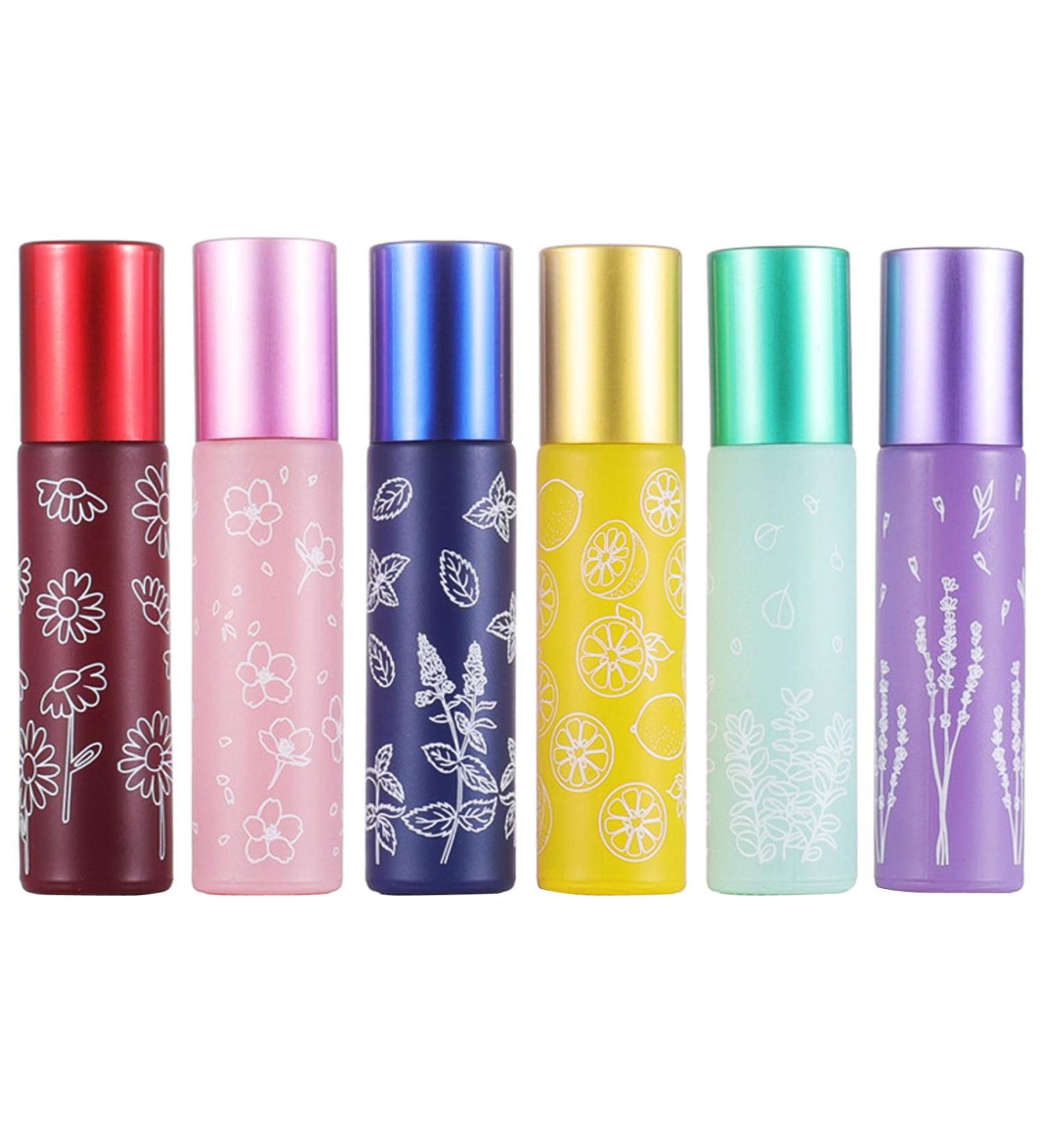 Alledomain 6Pcs 10ml Essential Oil Roller Bottles Refillable Empty Colorful Printed Frosted Glass Roll on Bottles Clear Roll Bottles with Stainless Steel Roller Balls Include 1 Dropper & Opener - Buy Online on SooperMarket.com