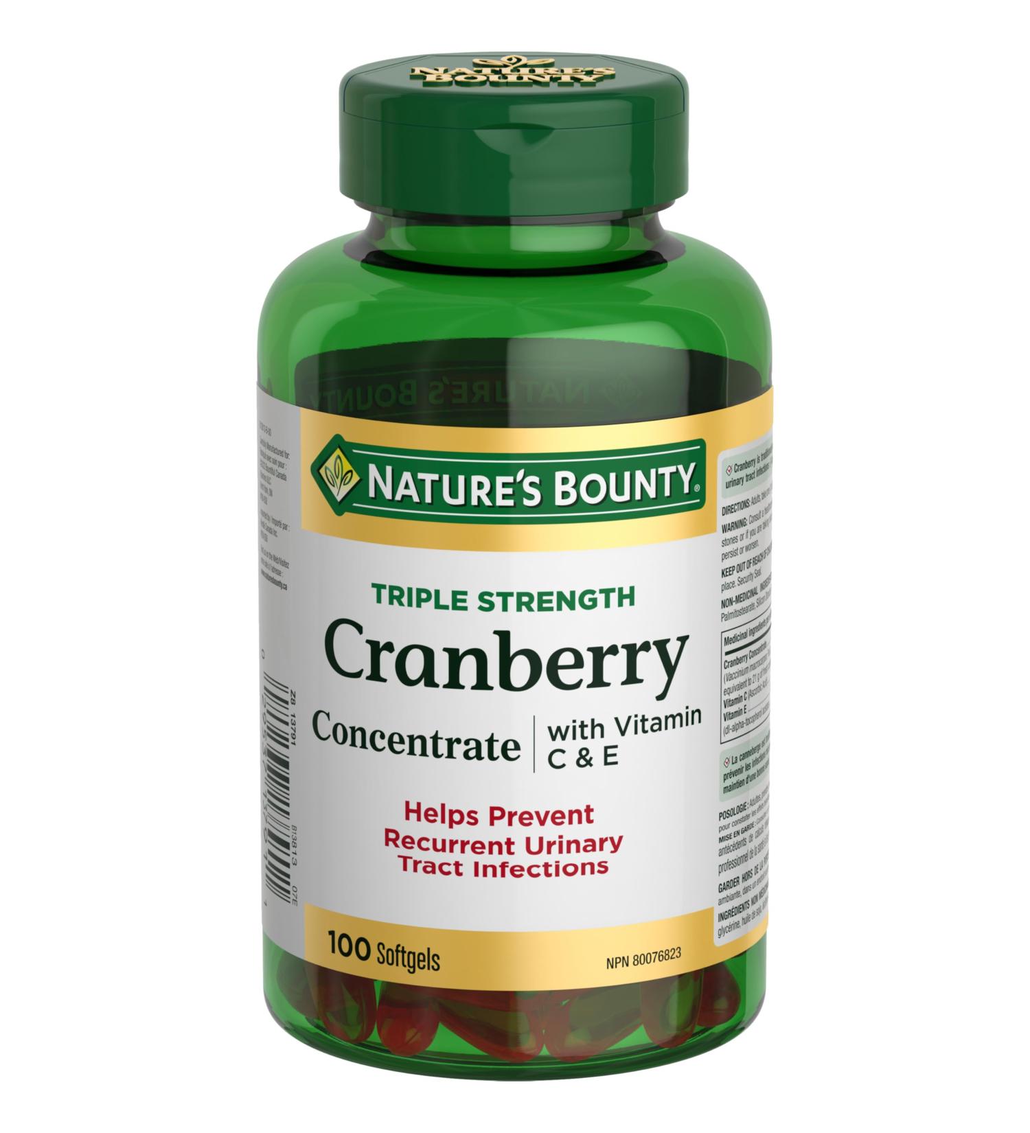NATURE'S BOUNTY Cranberry Concentrate With Vitamins C & E Triple Strength Helps Prevent Recurrent Urinary Tract Infections Provides Antioxidants Softgels 174.9 g Triple-Strength 100 count (Pack of 1) - Buy Online on SooperMarket.com