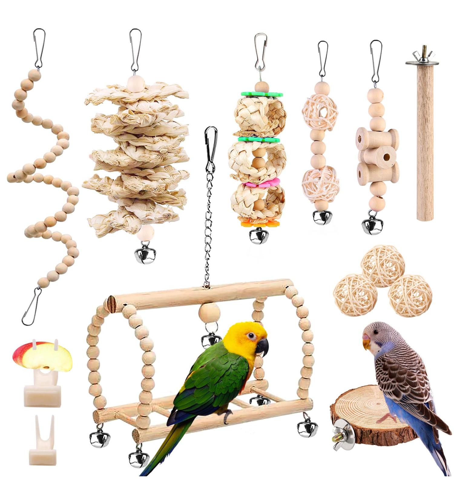 Buy 13-Part Natural Wood Parrot Toys - Bird Swing Climbing & Grinding Accessories for Budgies & Canaries - International Shipping Available - Buy Online on SooperMarket.com