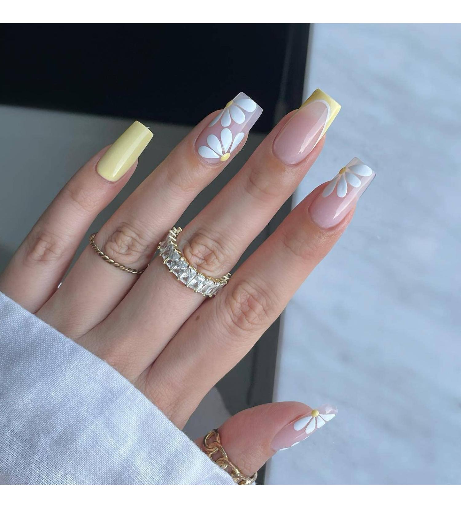 Yellow Daisy French Tip Press on Nails - 24Pcs Short Square False Nails for Women - Buy Online on SooperMarket.com