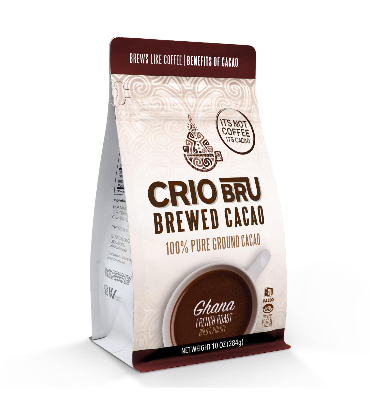 Crio Bru Brewed Cacao Ghana French Roast 10oz Bag - Coffee Alternative | 100% Pure Ground Cacao Beans | Non-GMO | Keto, Low Carb, Paleo | 99.99% Caffeine Free - 10 Ounce - Buy Online on SooperMarket.com