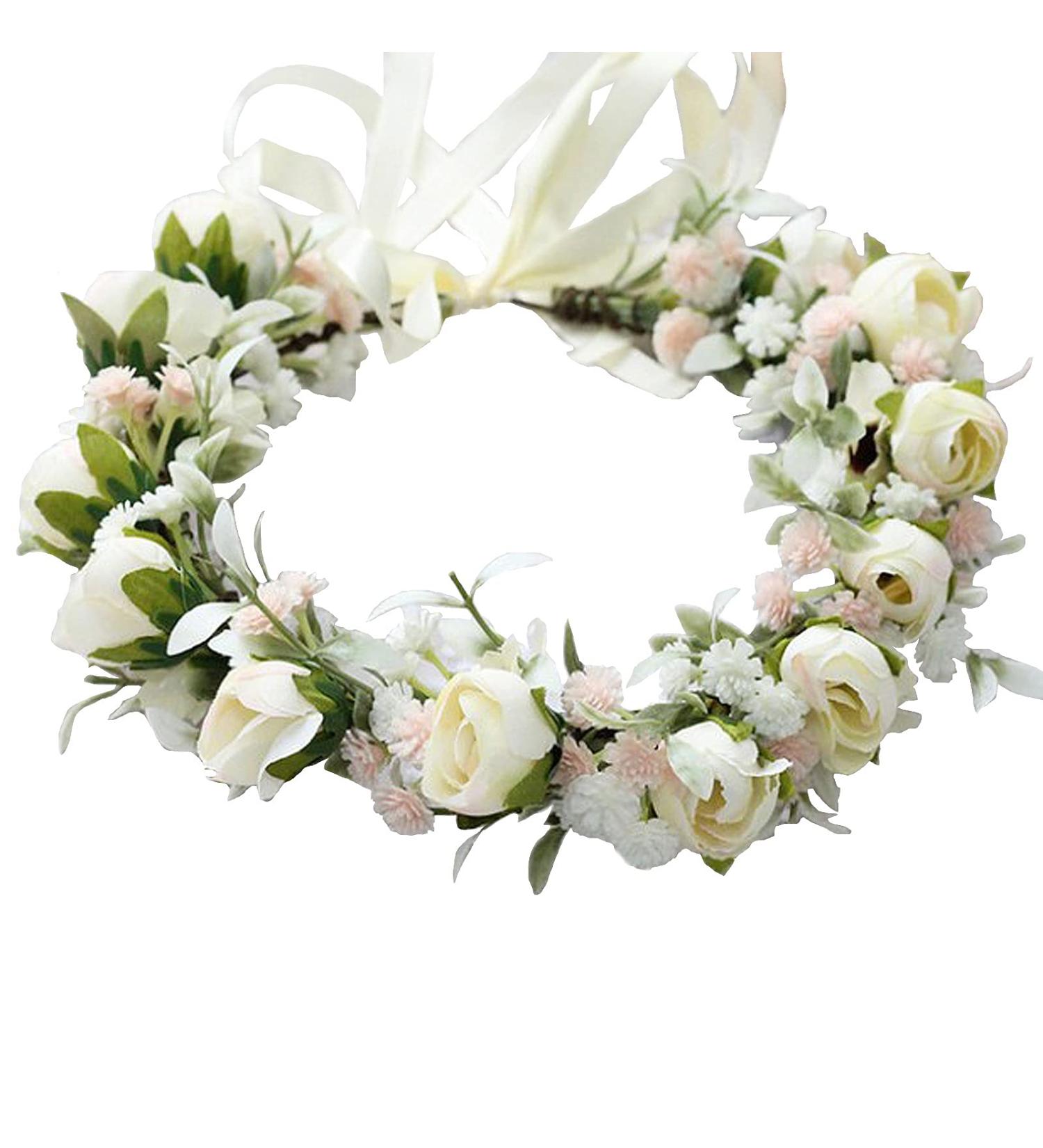 Hjhiwe Adjustable White Rose Bridal Crown - Boho Floral Headdress for Weddings & Photography - Rustic Beige Headband for Brides & Girls - Buy Online on SooperMarket.com