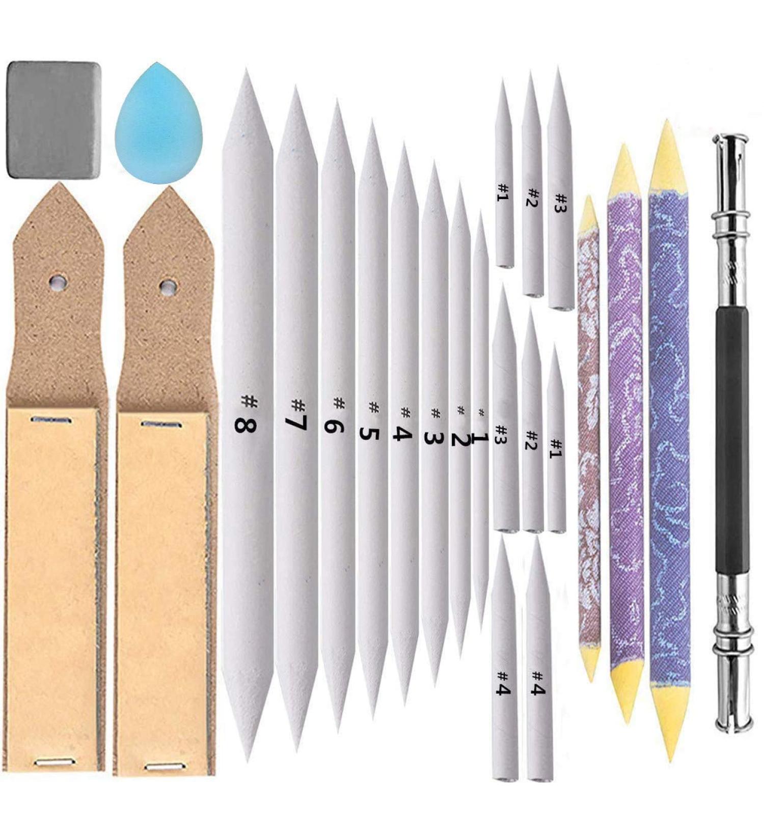 24 Pieces Blending Stumps & Tortillions Set with Sandpaper Sharpener, Pencil Extension, Eraser - Art Drawing Kit - Buy Online on SooperMarket.com