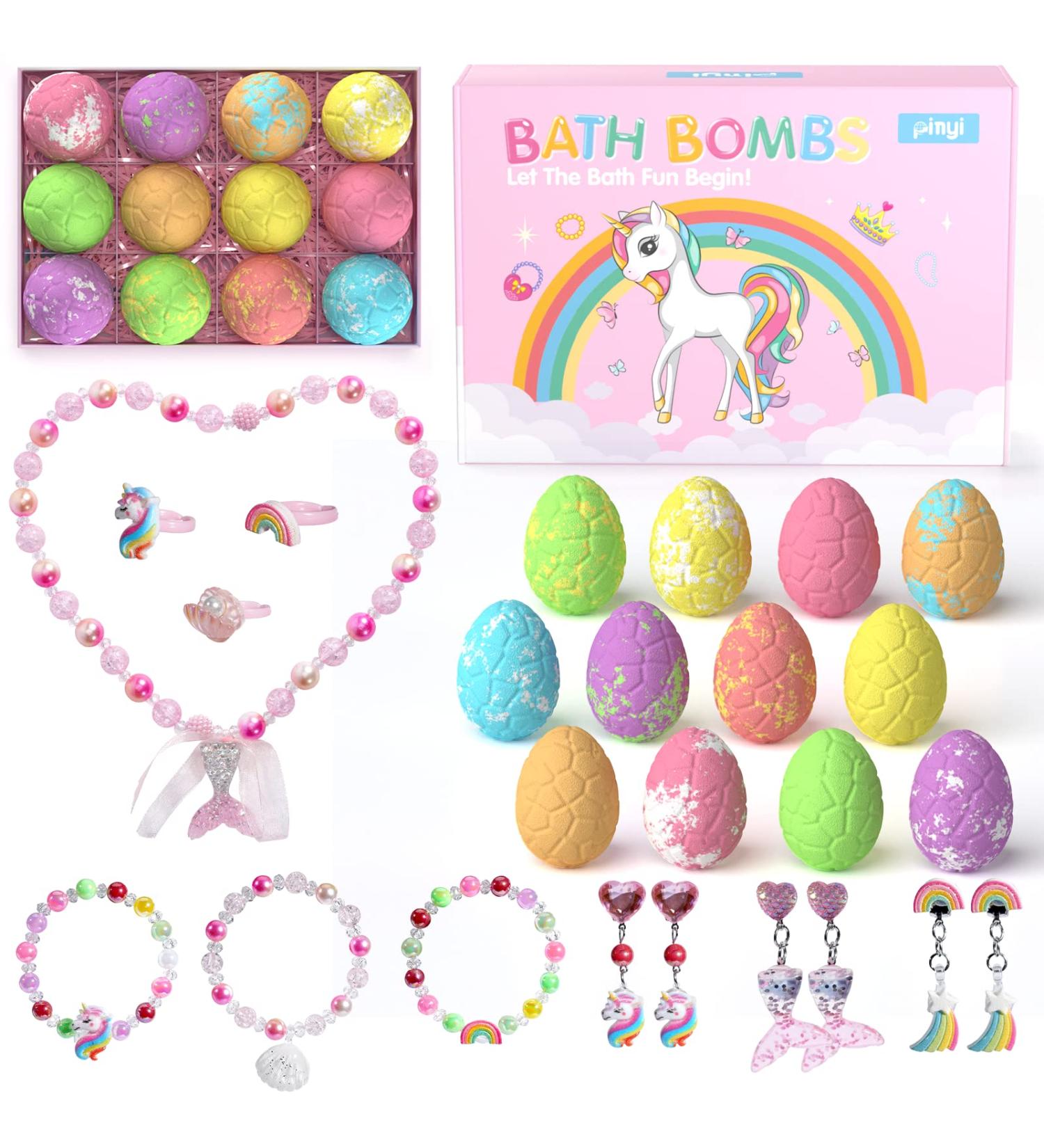 Unicorn Bath Bombs for Girls Kids with Surprise Jewelry Toys Inside - 12+1 Pack | Mermaid Necklace and Dino Egg Bubble Bath Bombs for Princess Girls - Buy Online on SooperMarket.com